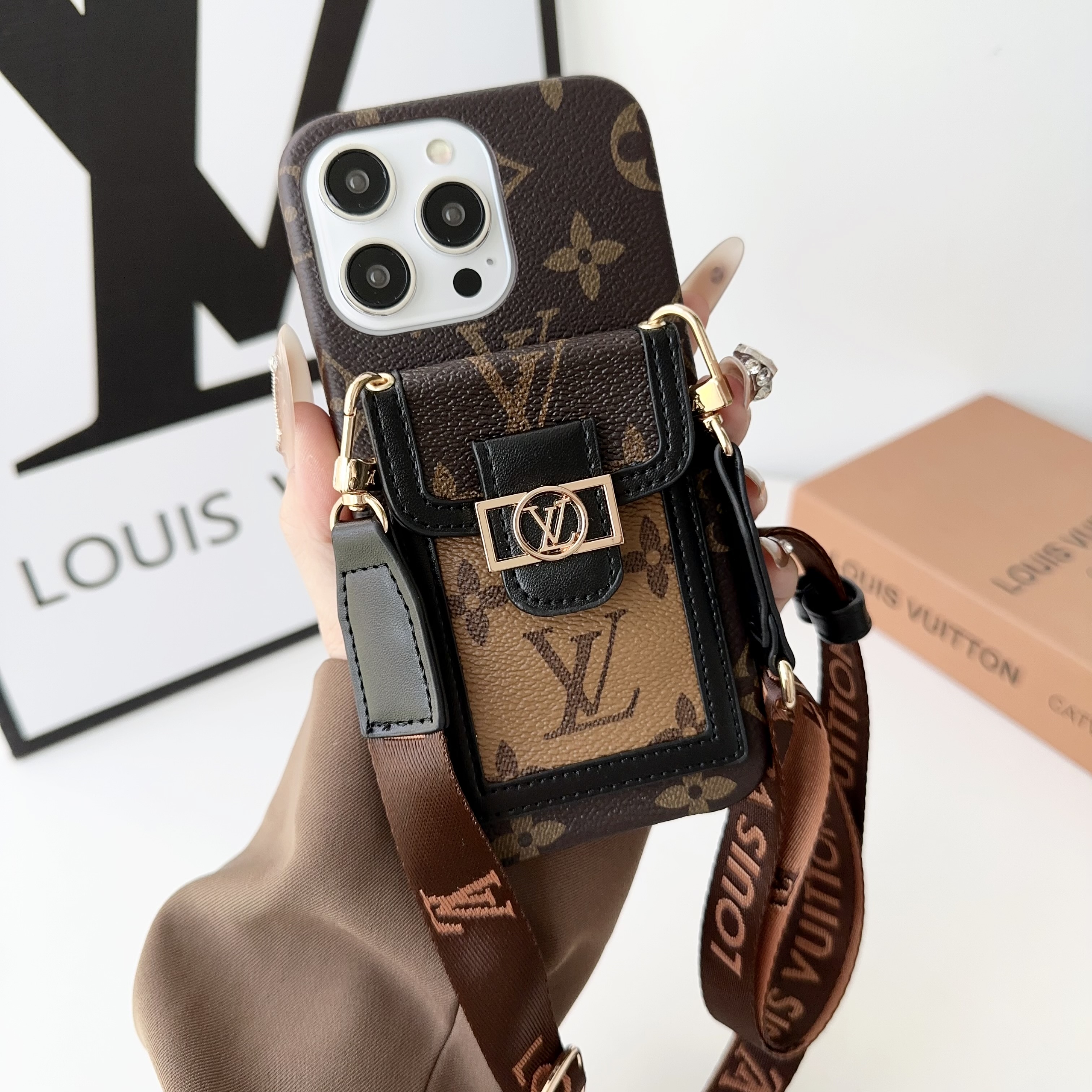 Monogram Leather iPhone Wallet Case With Crossbody Strap