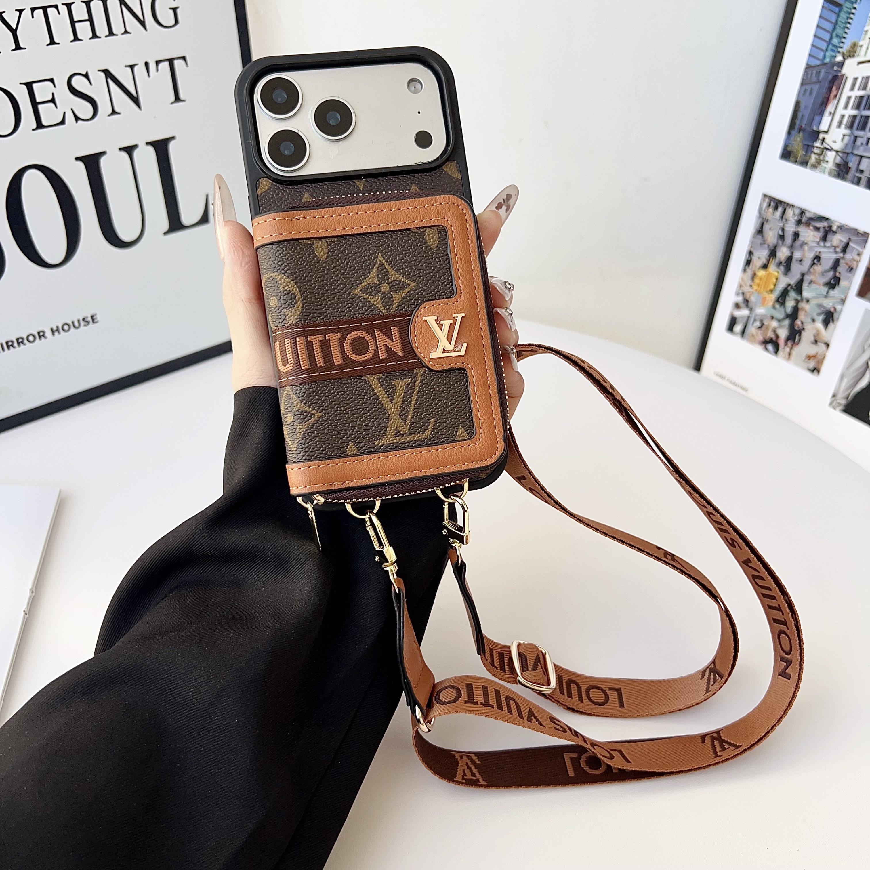 Louis Vuitton,Gucci Monogram Leather iPhone Zipper Wallet Case with Crossbody Strap