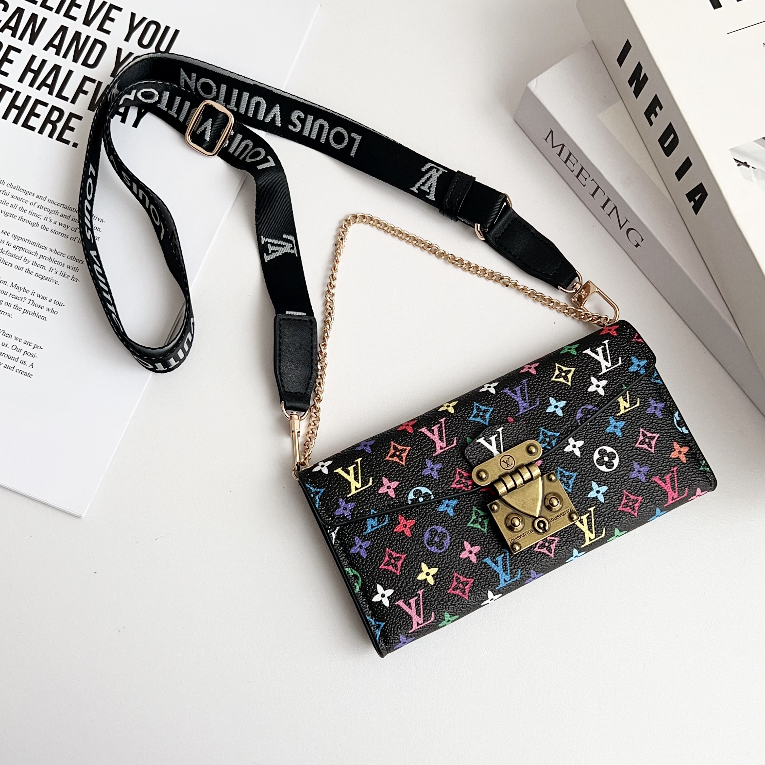 Louis Vuitton Monogram iPhone Wallet Case Magnetic Flip Cover With Crossbody Strap