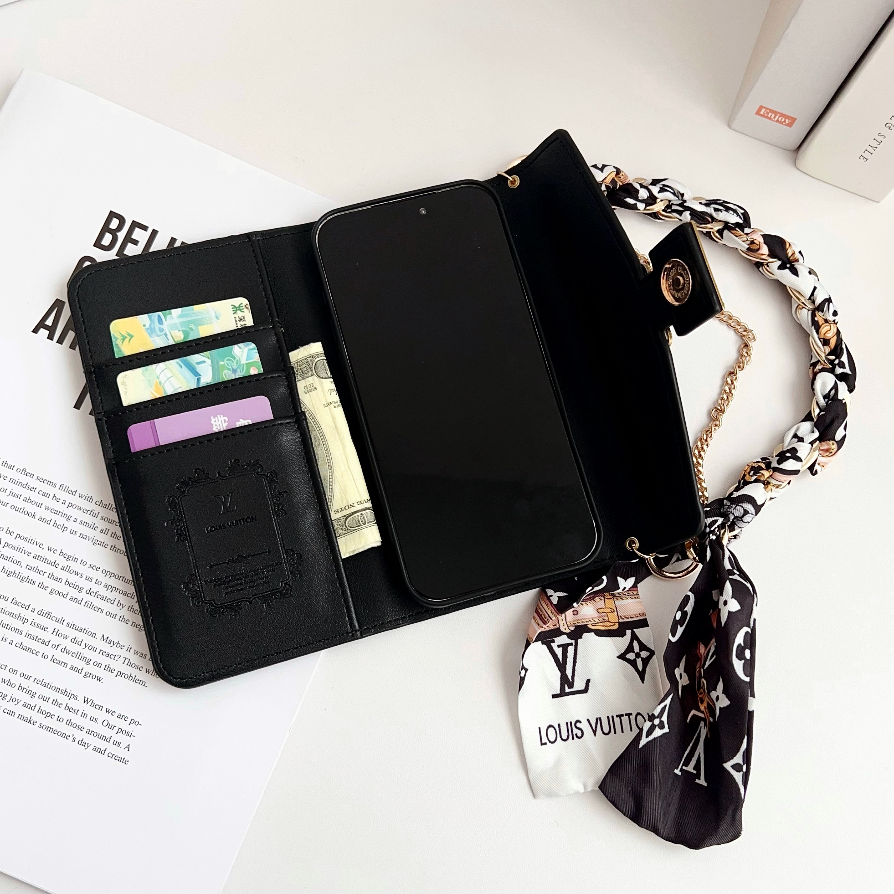 Louis Vuitton Monogram iPhone Wallet Case Magnetic Flip Cover With Crossbody Strap