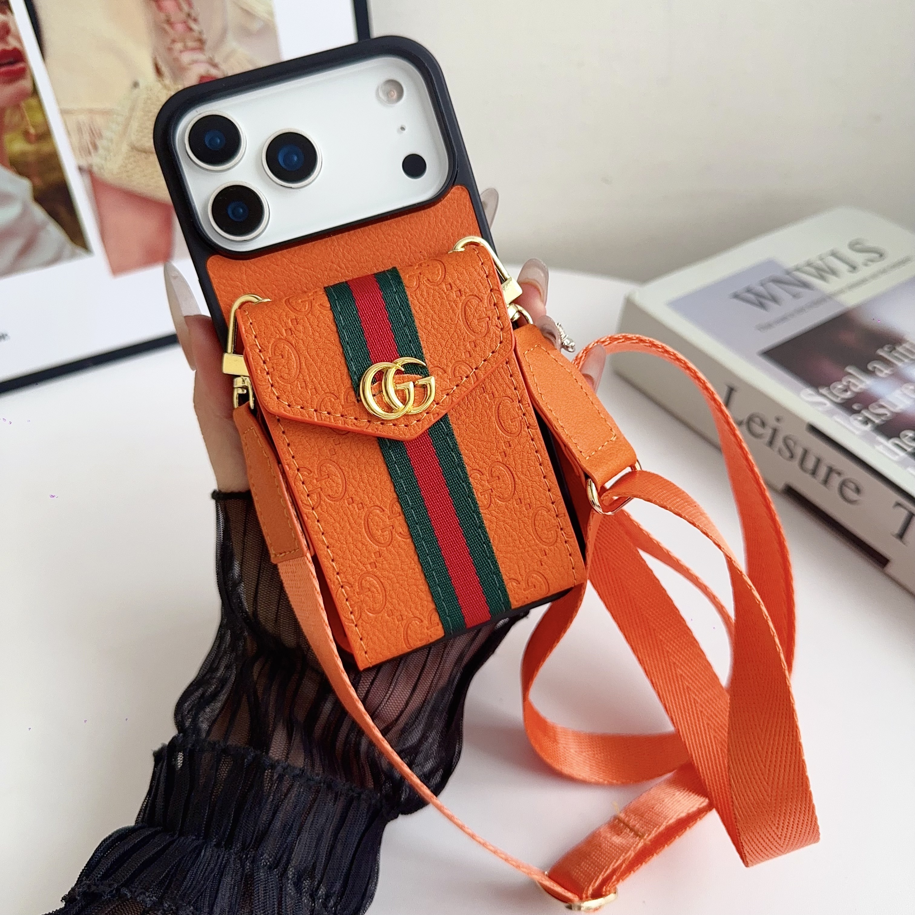 Gucci Vintage Leather iPhone Wallet Case With Crossbody Strap
