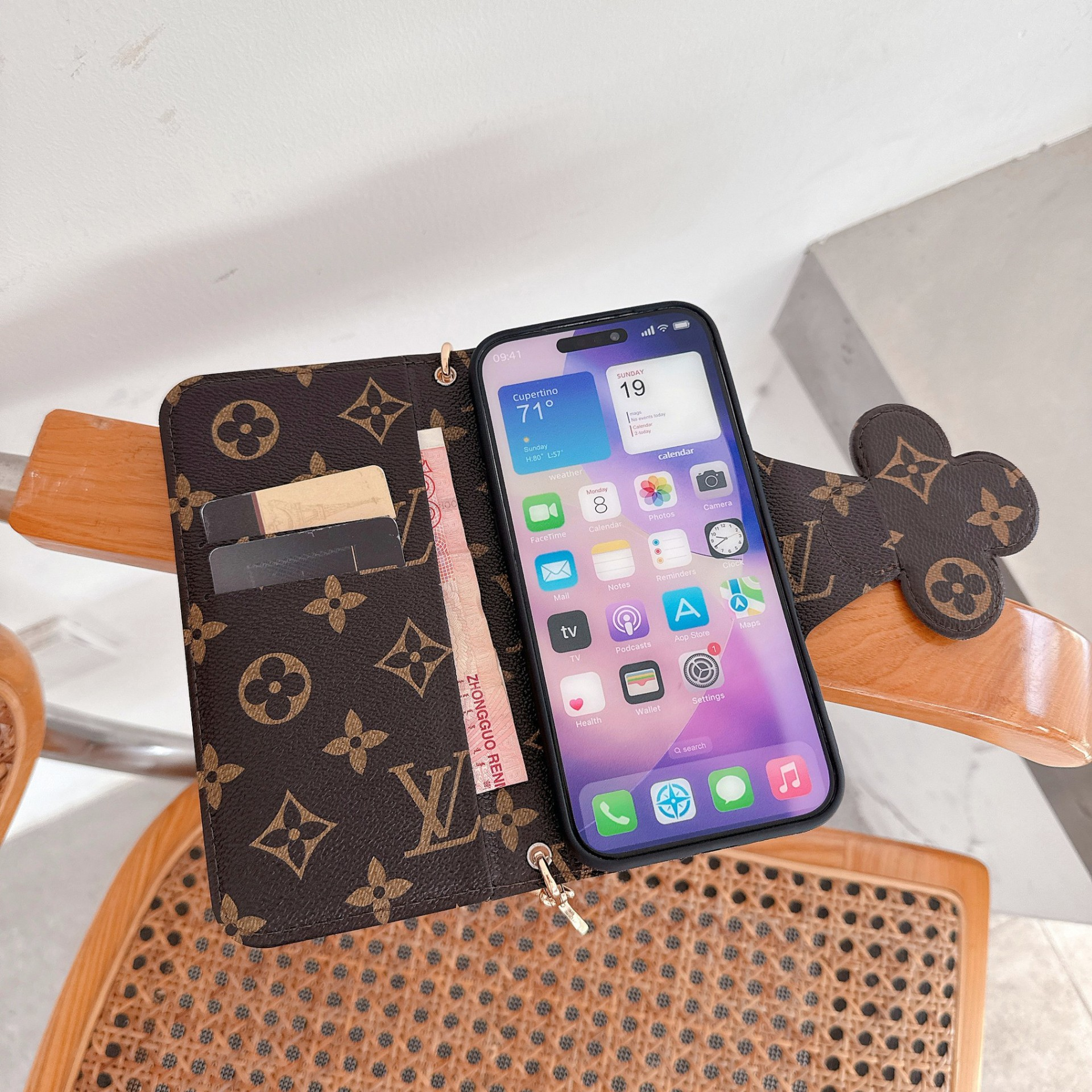 Louis Vuitton Leather iPhone Wallet Case with letter Crossbody Strap