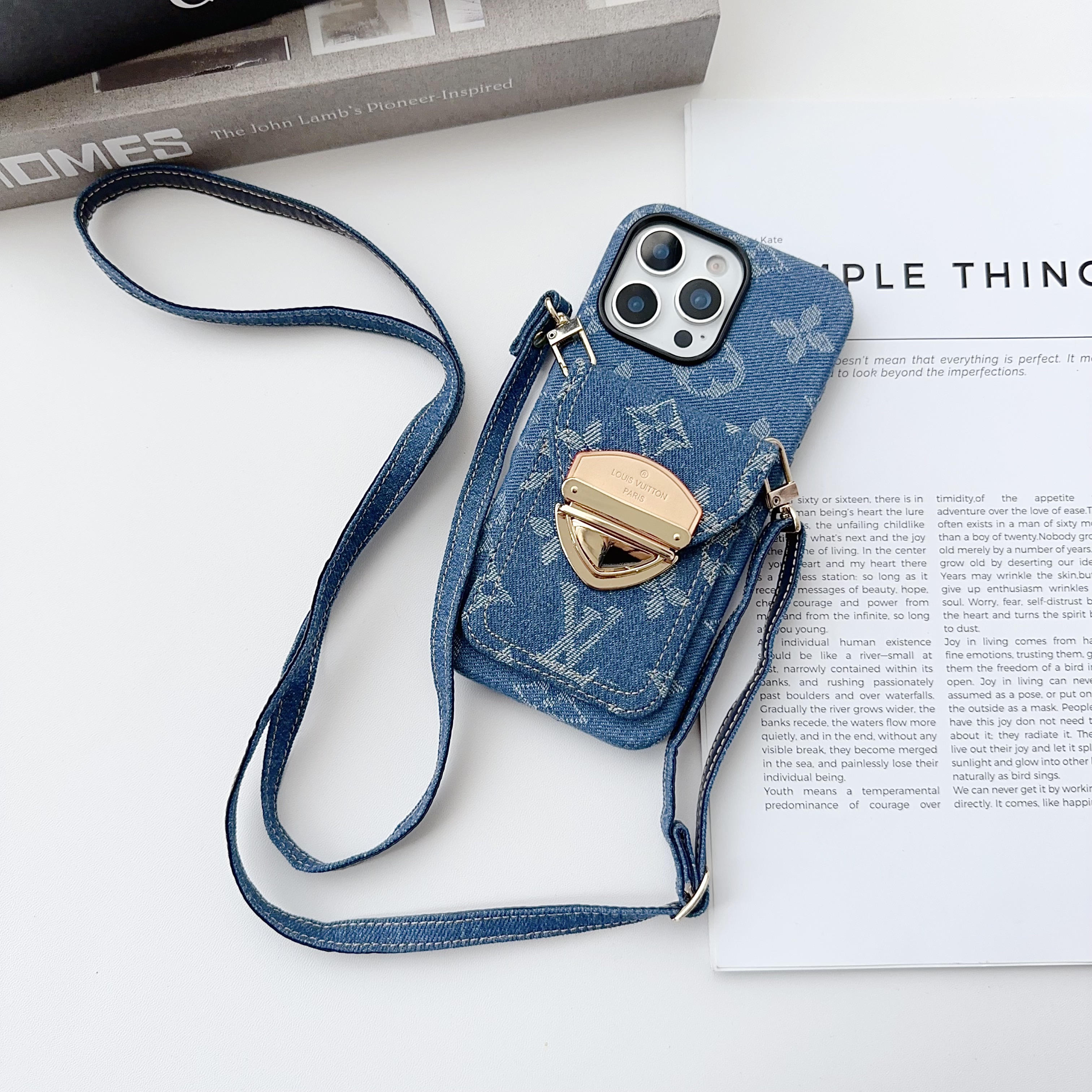 Fashion denim canvas iPhone Wallet Case With Crossbody Strap