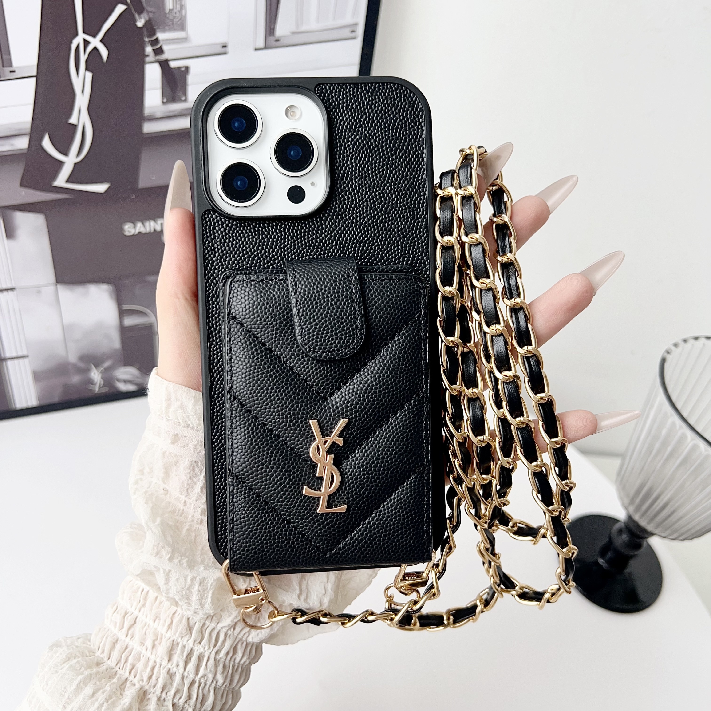 YSL Leather iPhone Wallet Case With Crossbody Strap