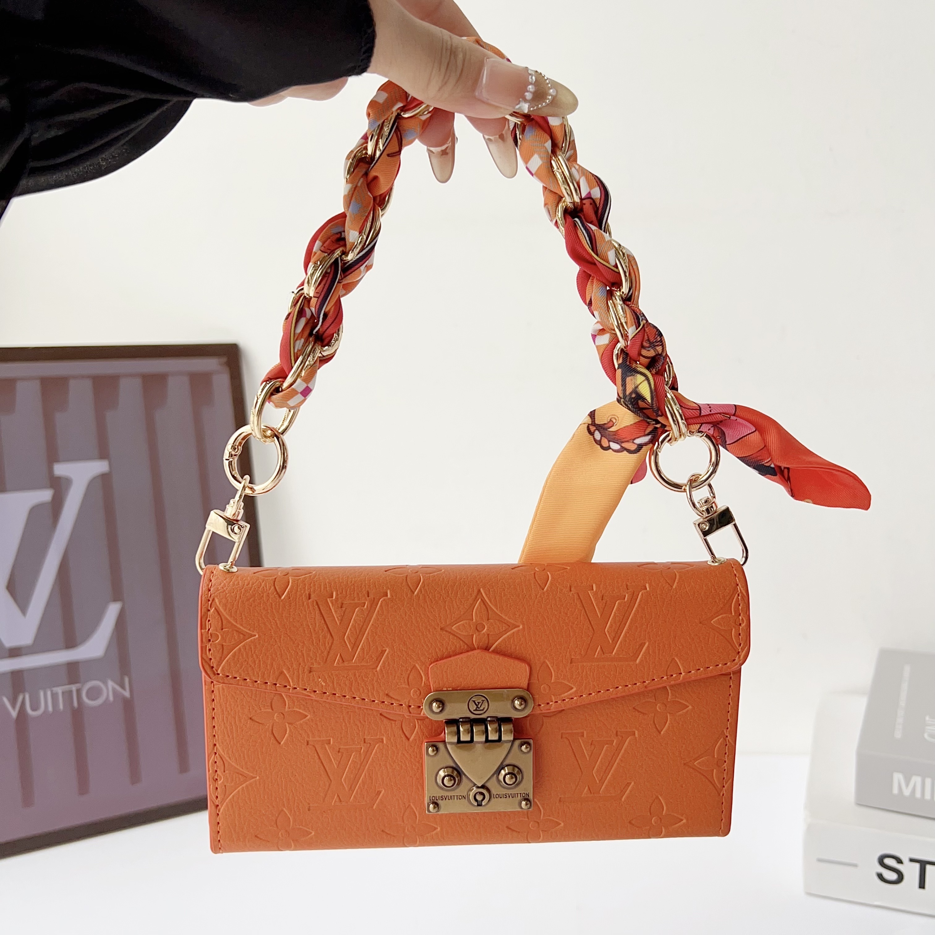 Louis Vuitton Monogram iPhone Wallet Case Magnetic Flip Cover With Weave the hand strap