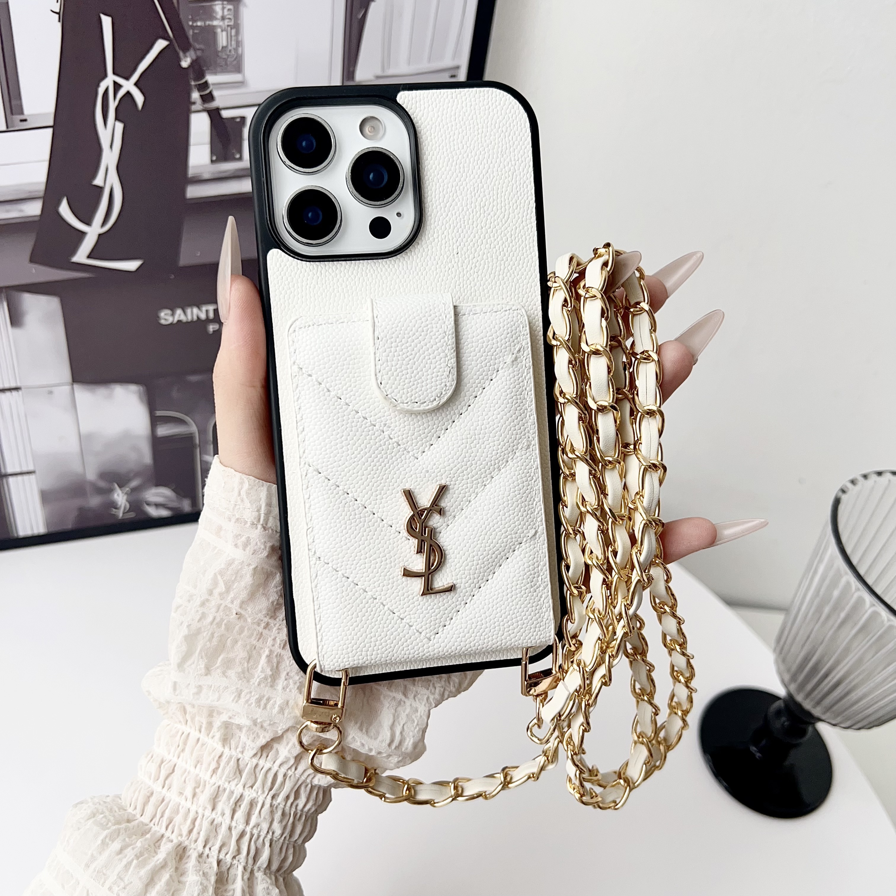 YSL Leather iPhone Wallet Case With Crossbody Strap