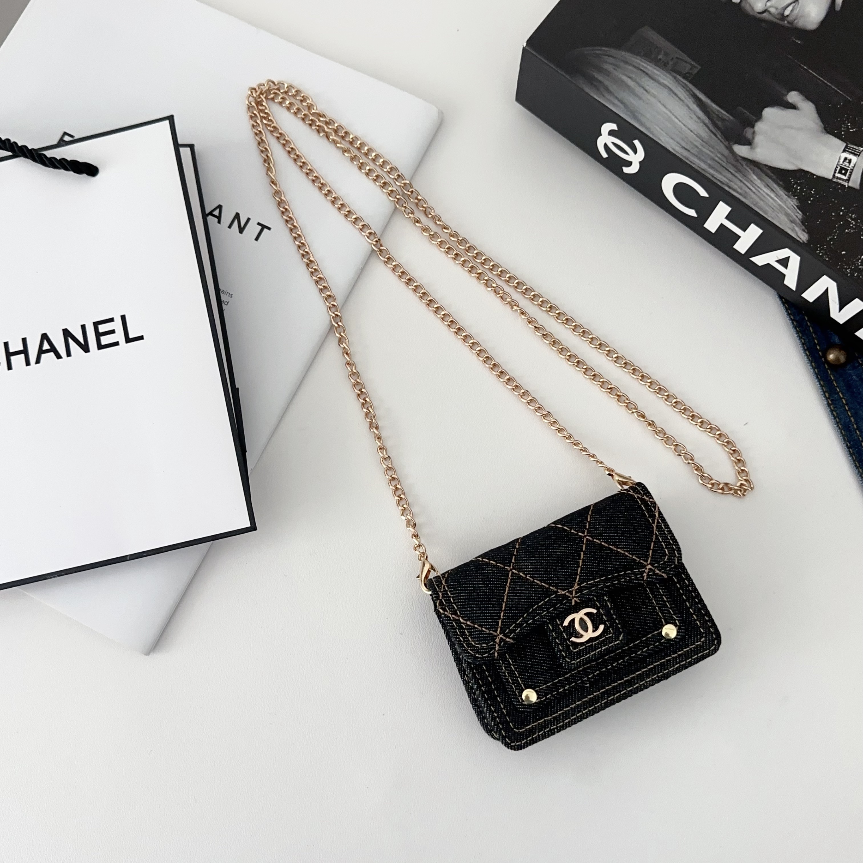 Trendy Denim Coin Purse With Metallic Crossbody Chain
