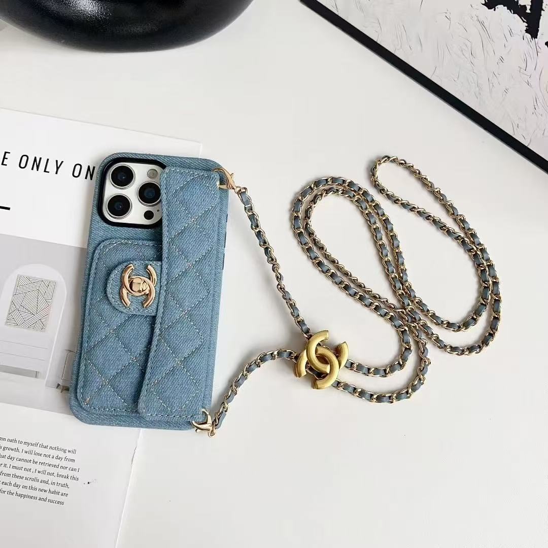 Chanel Denim Canvas iPhone Wallet Case With Crossbody Strap / Handkerchief