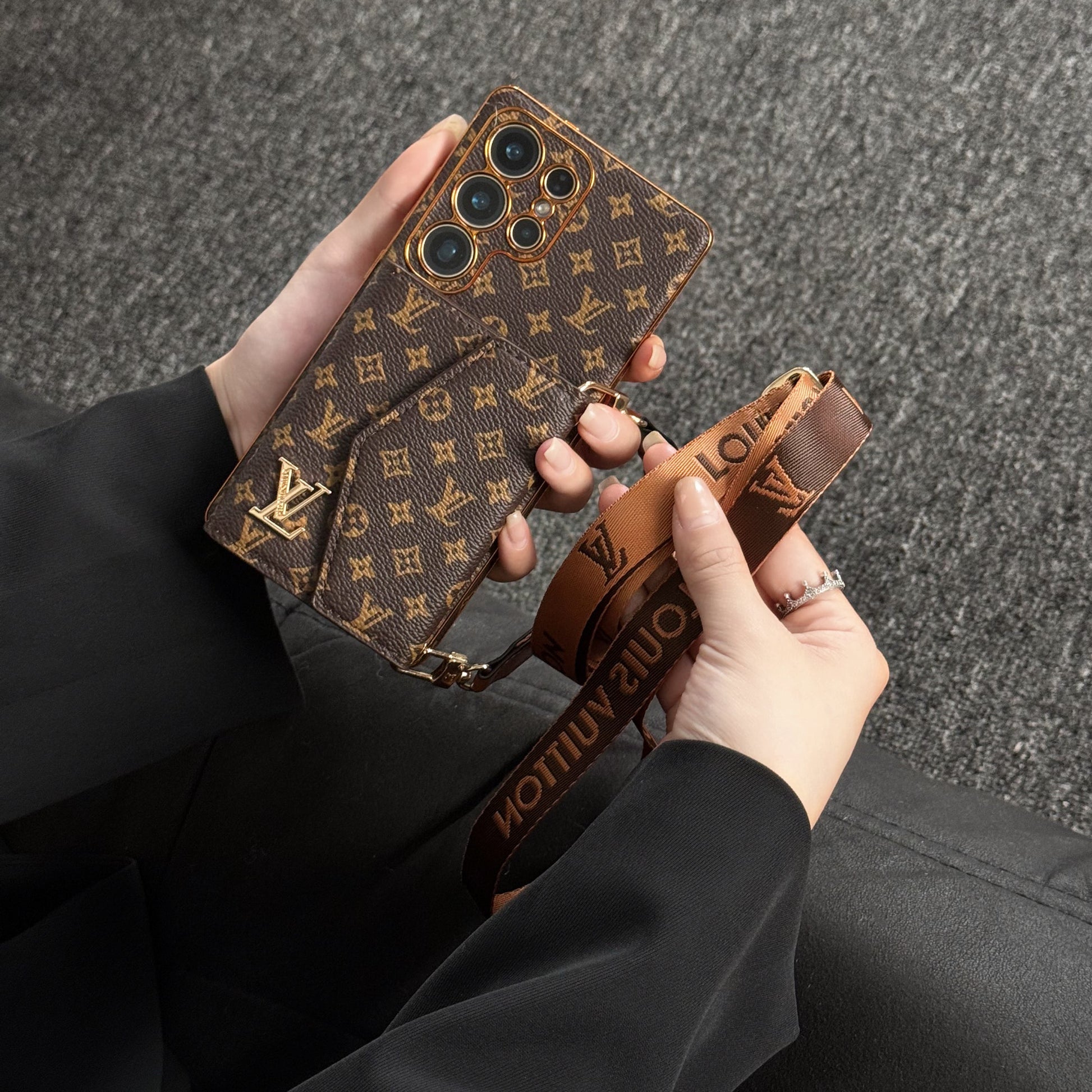 Louis Vuitton Luxury Leather Samsung Wallet Case With crossbody strap