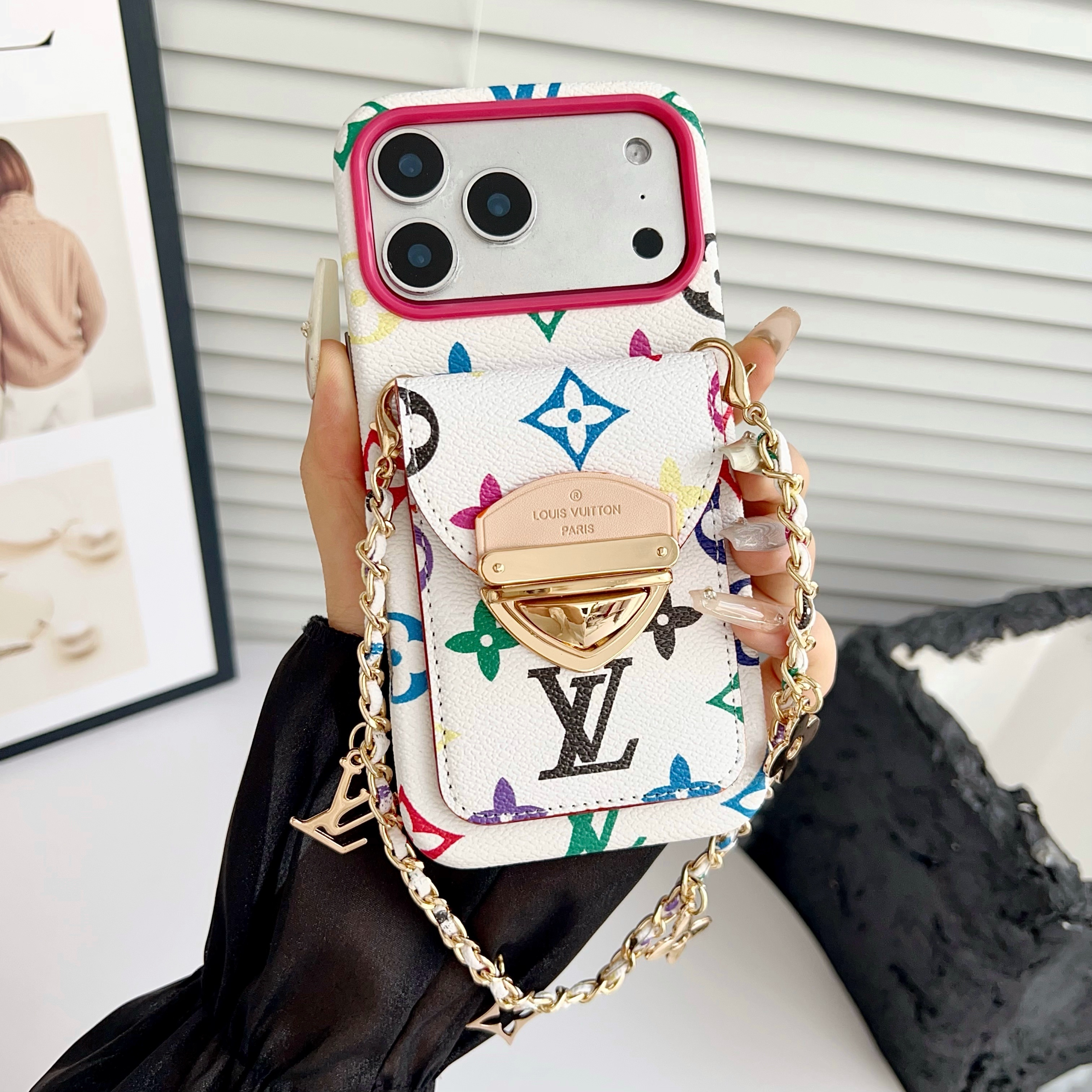 Louis Vuitton Leather iPhone Wallet Case With Letter Metal Bracelet