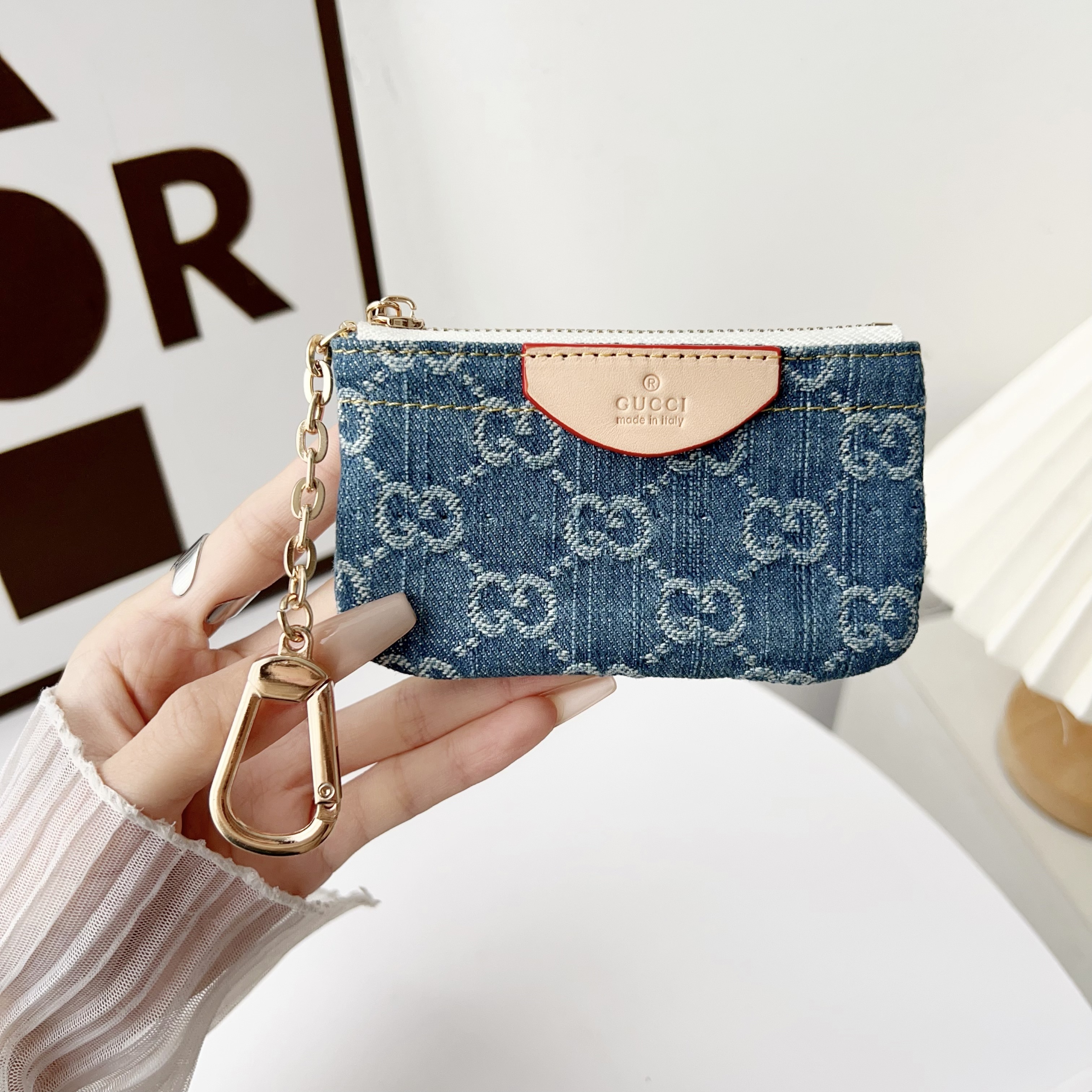 Gucci Denim Canvas Coin Purse with Zipper & Keychain
