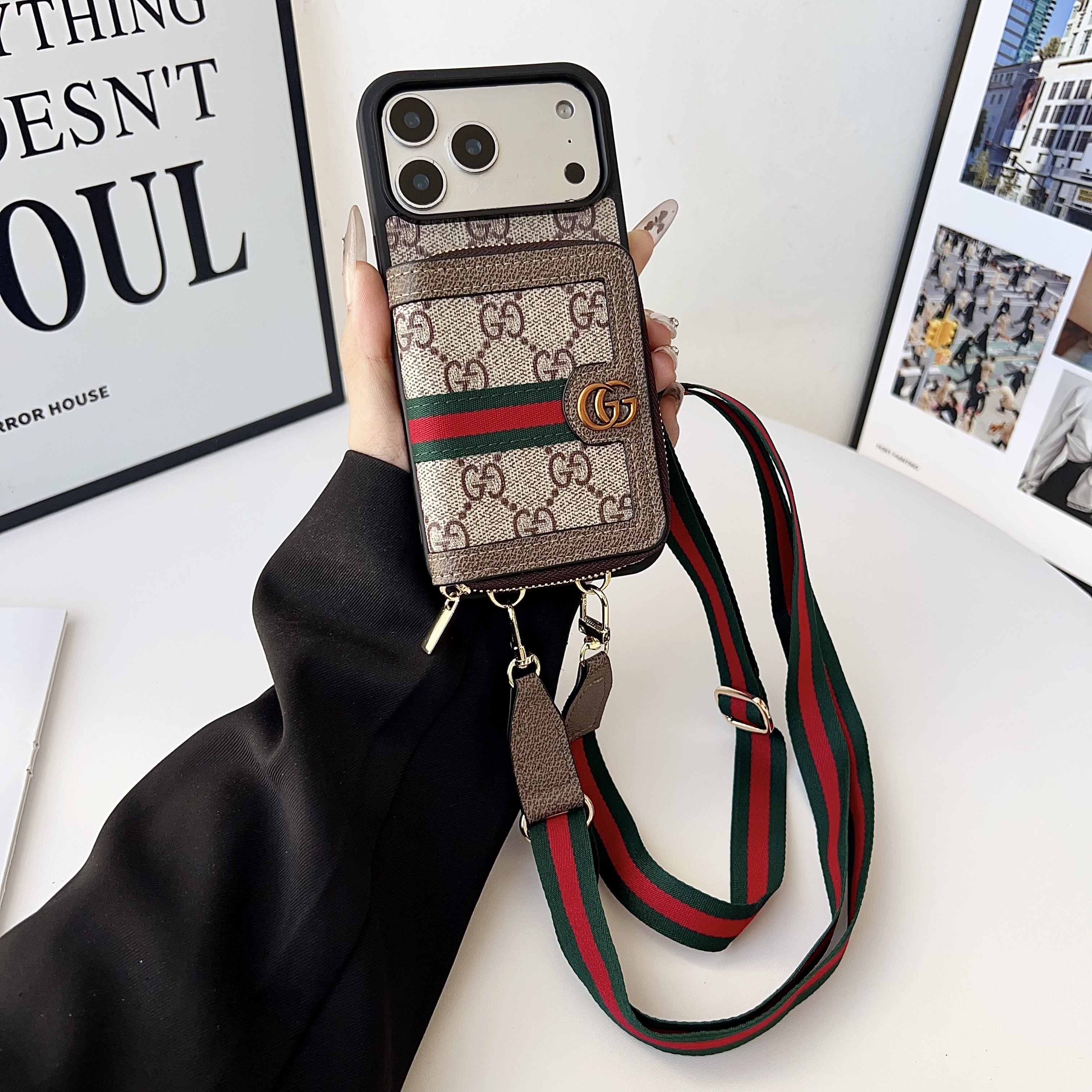 Louis Vuitton,Gucci Monogram Leather iPhone Zipper Wallet Case with Crossbody Strap