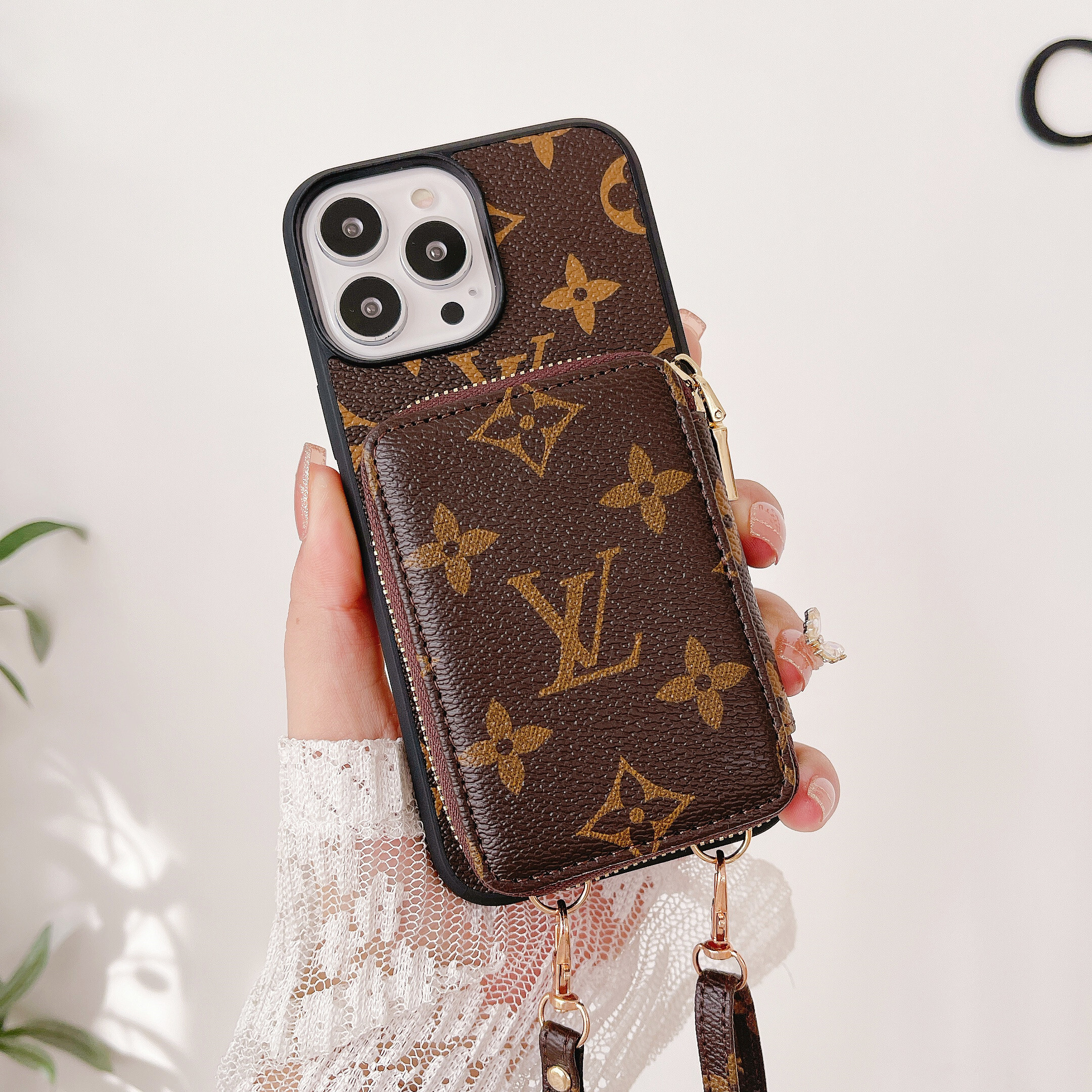 Louis Vuitton,Gucci Monogram Leather iPhone Zipper Wallet Case with Crossbody Strap