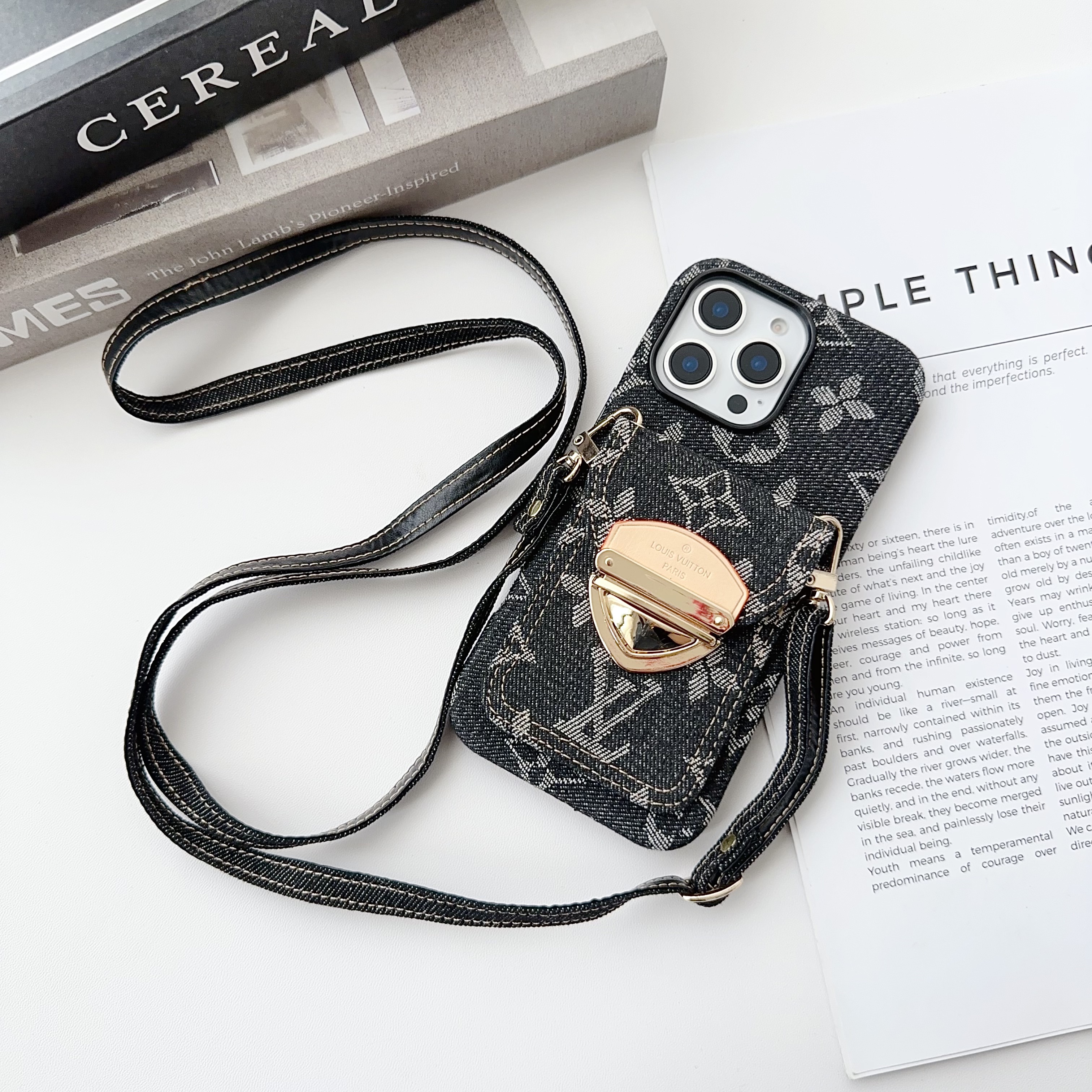 Fashion denim canvas iPhone Wallet Case With Crossbody Strap