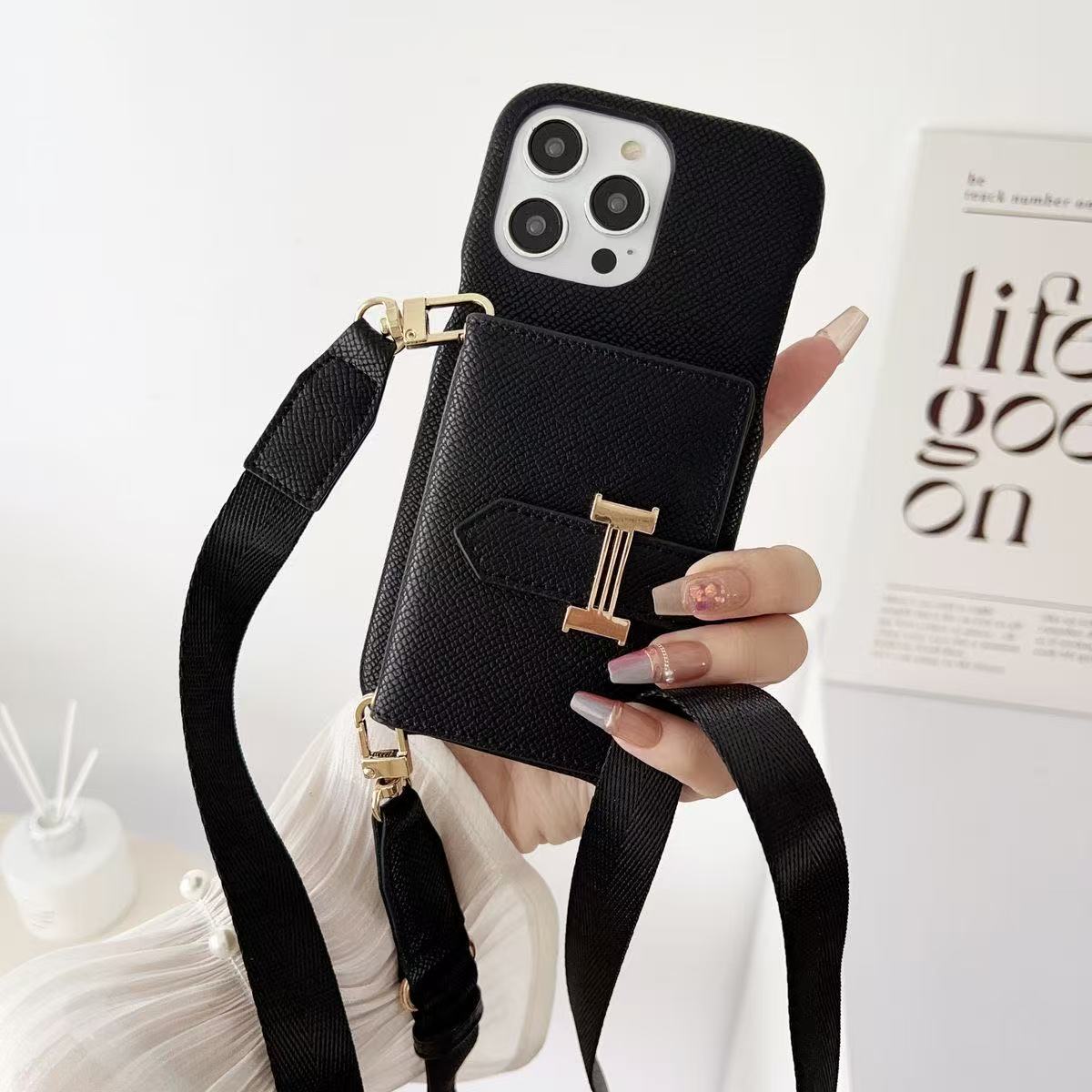 Classic H Leather iPhone Wallet Case With Crossbody Strap