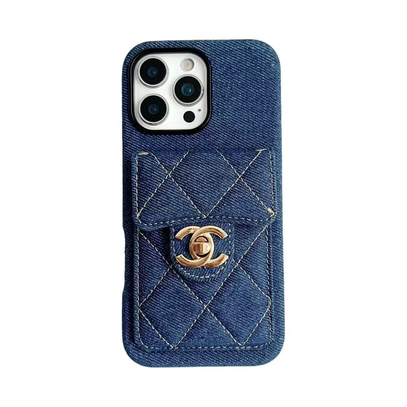 Chanel Denim Canvas iPhone Wallet Case With Crossbody Strap / Handkerchief