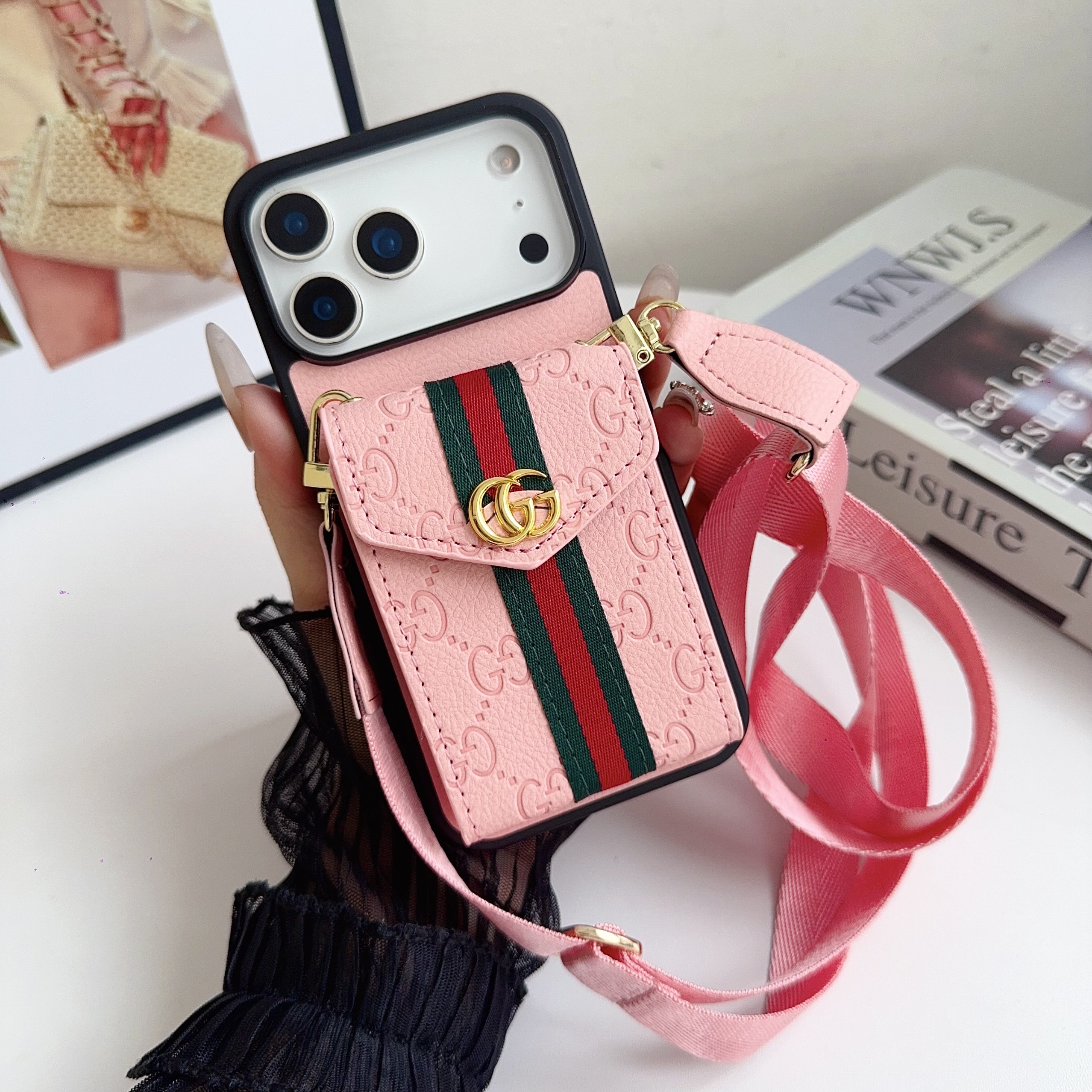 Gucci Vintage Leather iPhone Wallet Case With Crossbody Strap