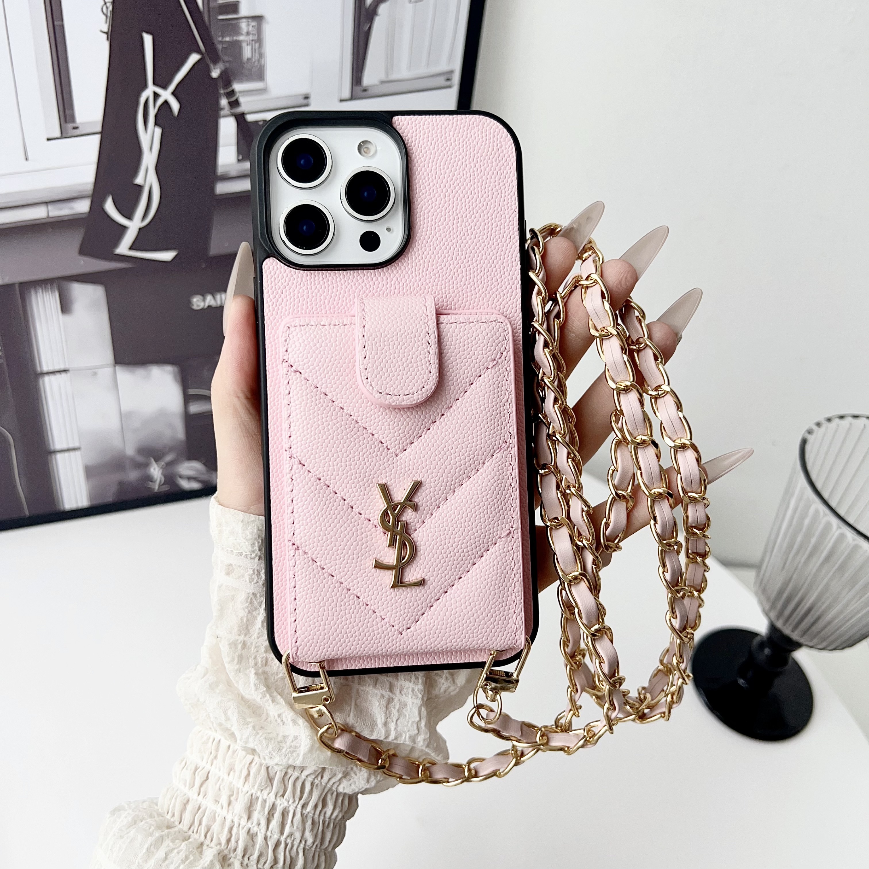 YSL Leather iPhone Wallet Case With Crossbody Strap