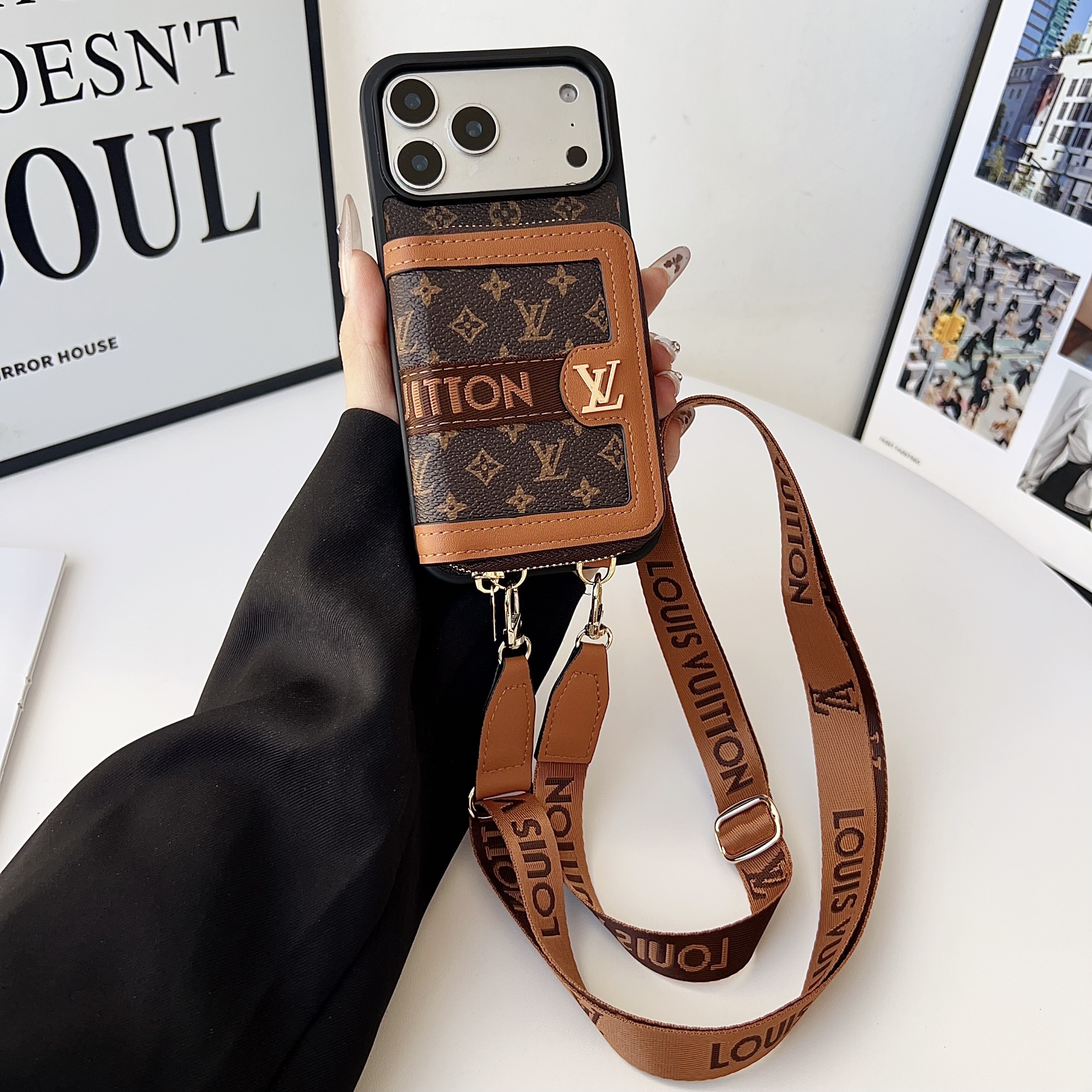 Louis Vuitton,Gucci Monogram Leather iPhone Zipper Wallet Case with Crossbody Strap