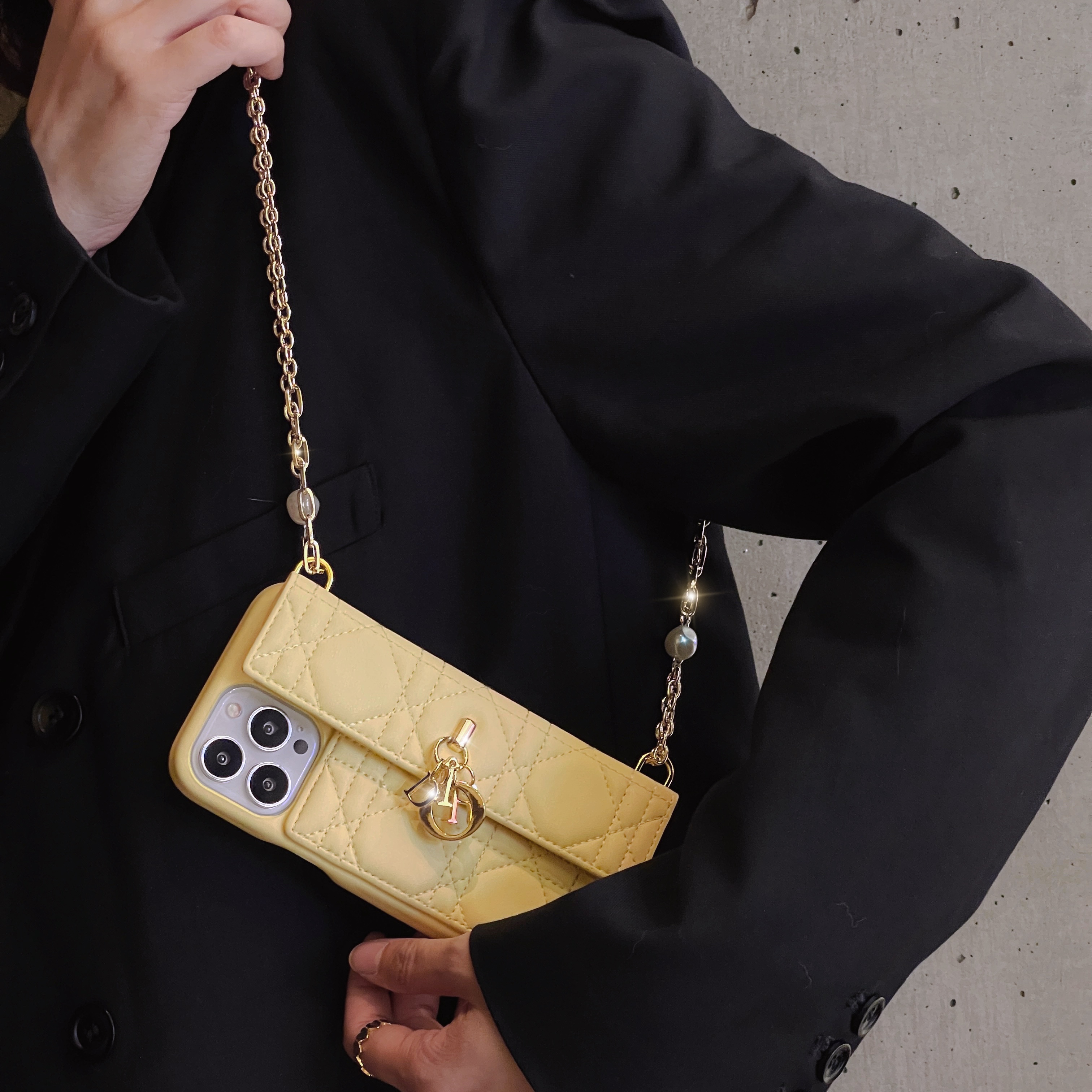 Luxury CD Leather iPhone Wallet Case With Crossbody Strap