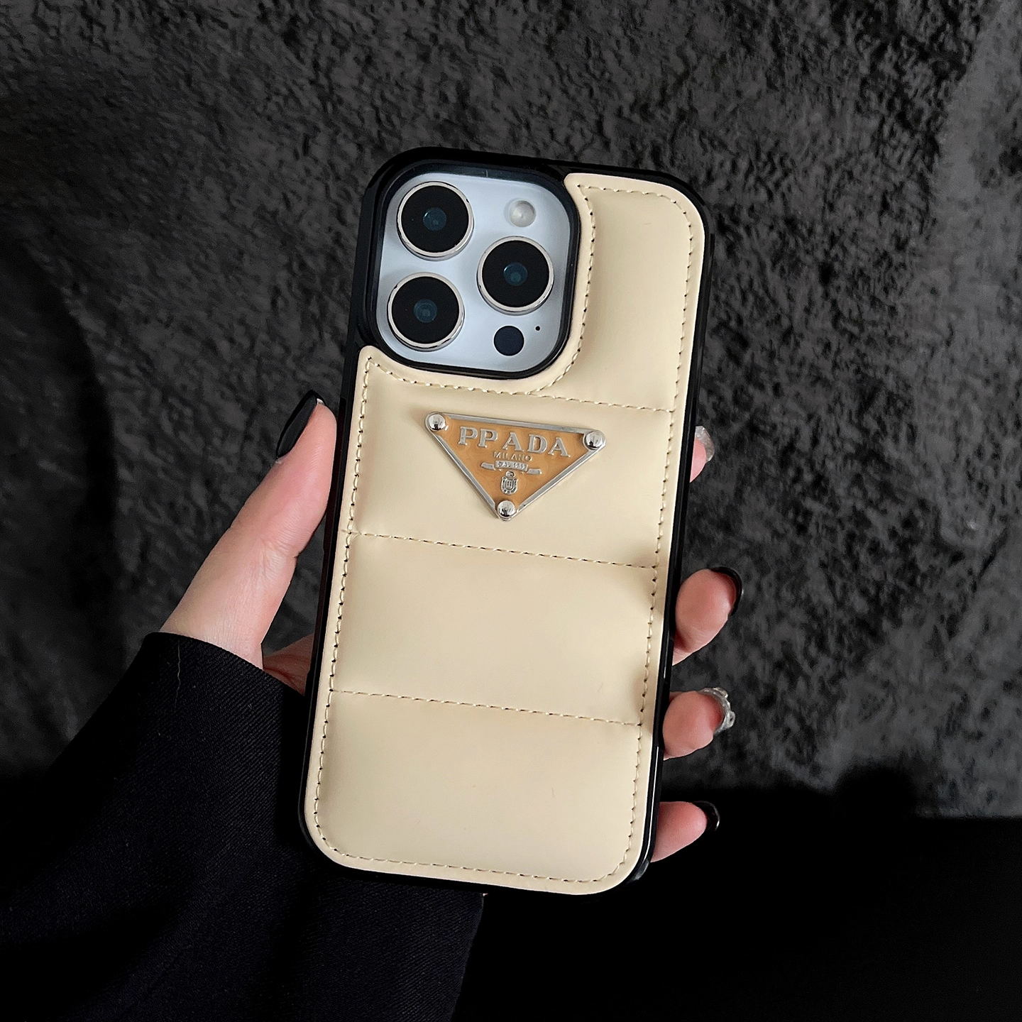 Prada iphone Case 3d Goose Down Metal Triangle Label