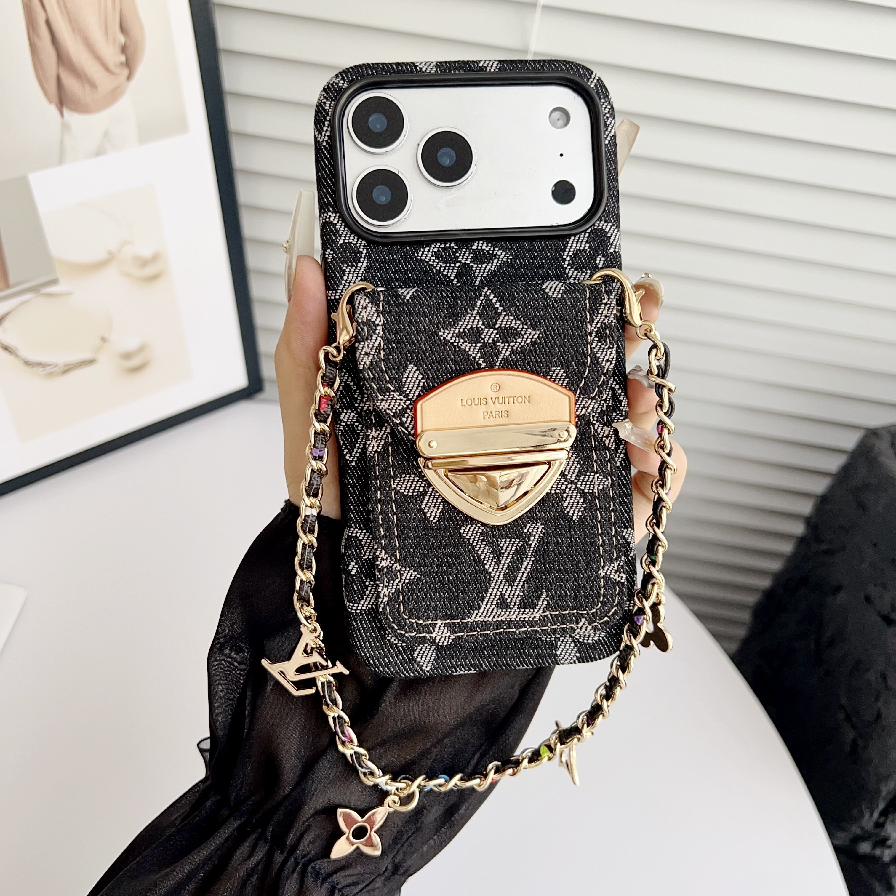 Louis Vuitton Leather iPhone Wallet Case With Letter Metal Bracelet