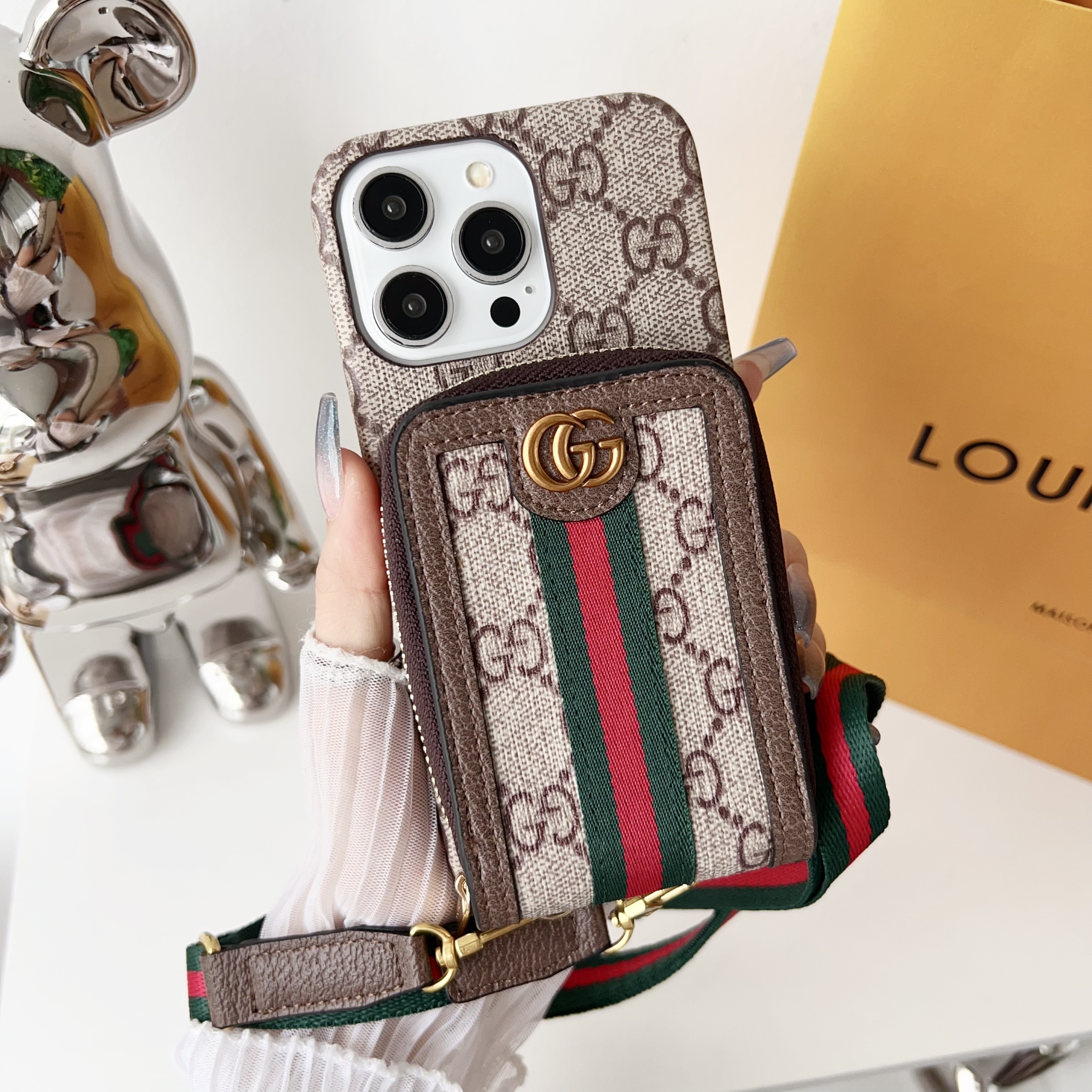 Louis Vuitton,Gucci Monogram Leather iPhone Zipper Wallet Case with Crossbody Strap
