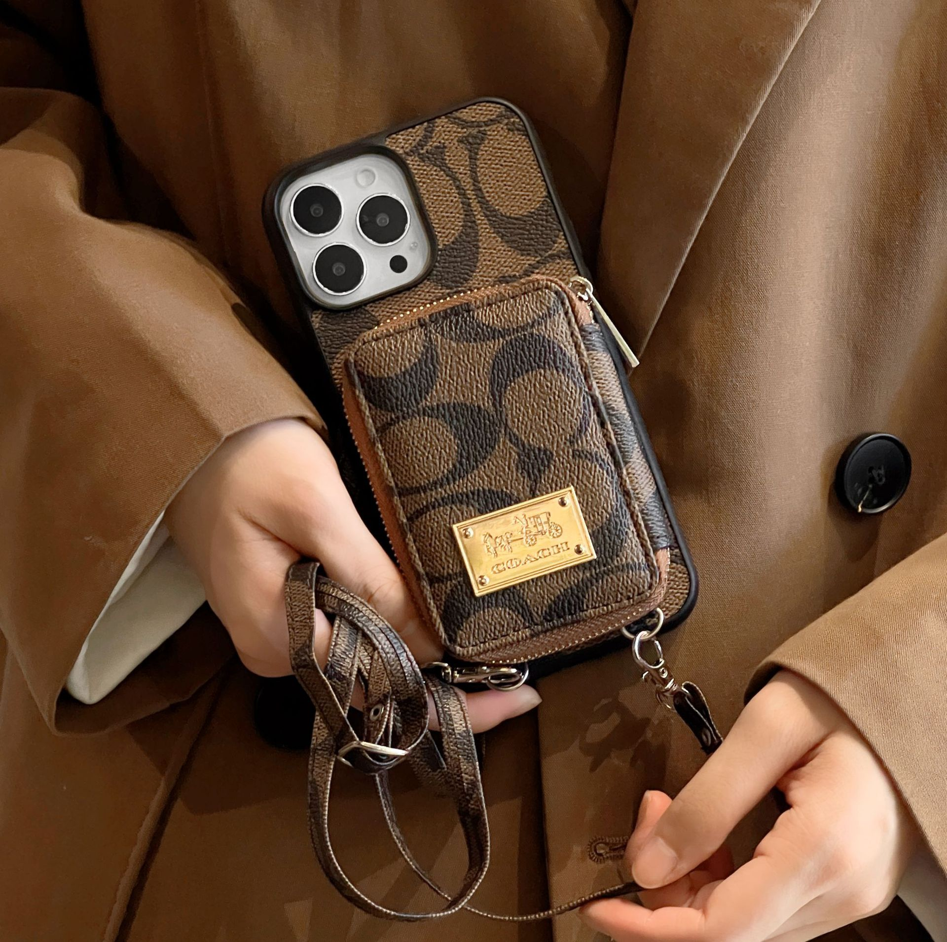 Coach Leather iPhone Zipper Wallet Case with Crossbody Strap