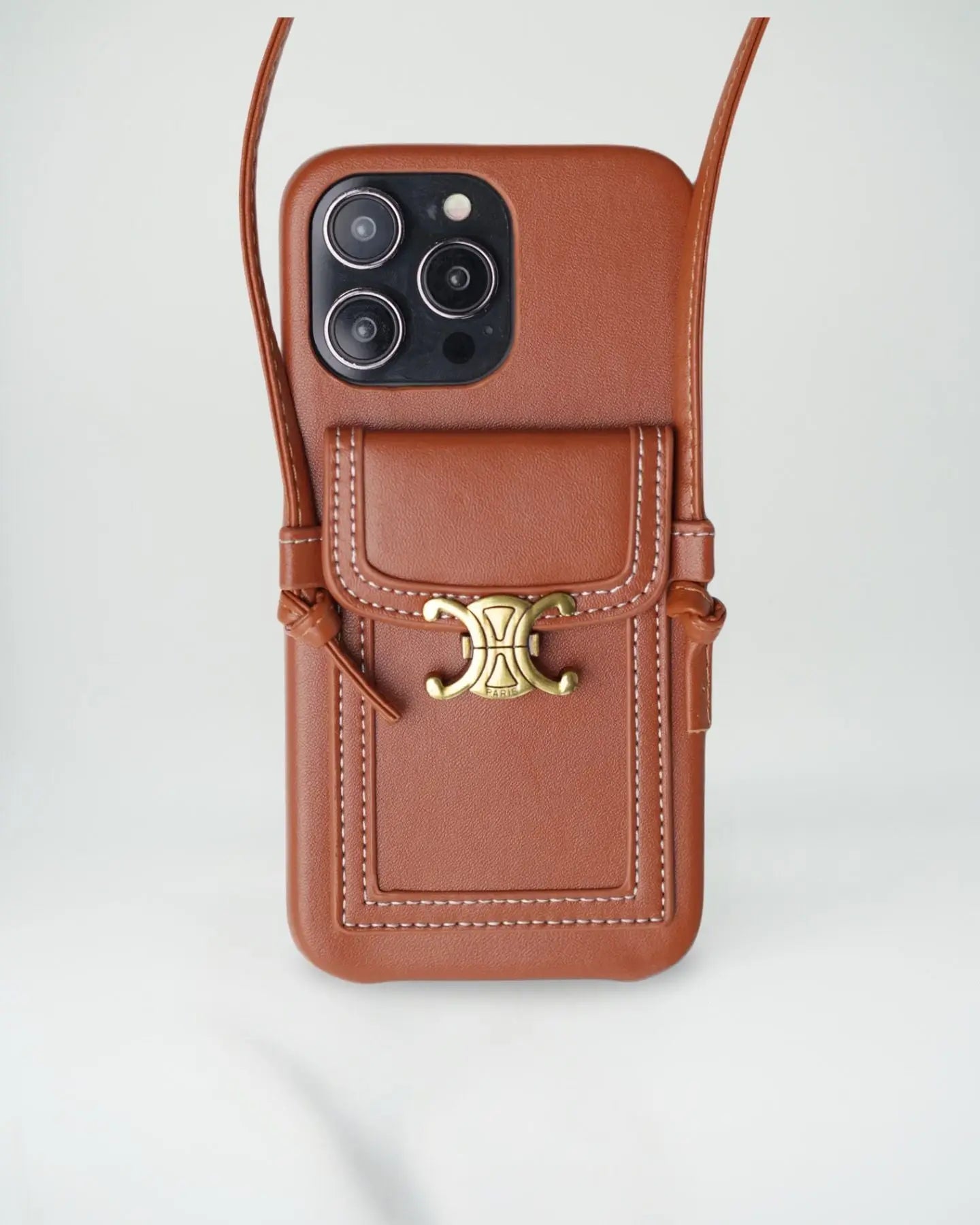 Celine Luxurious Leather iPhone Wallet Case With Crossbody Strap