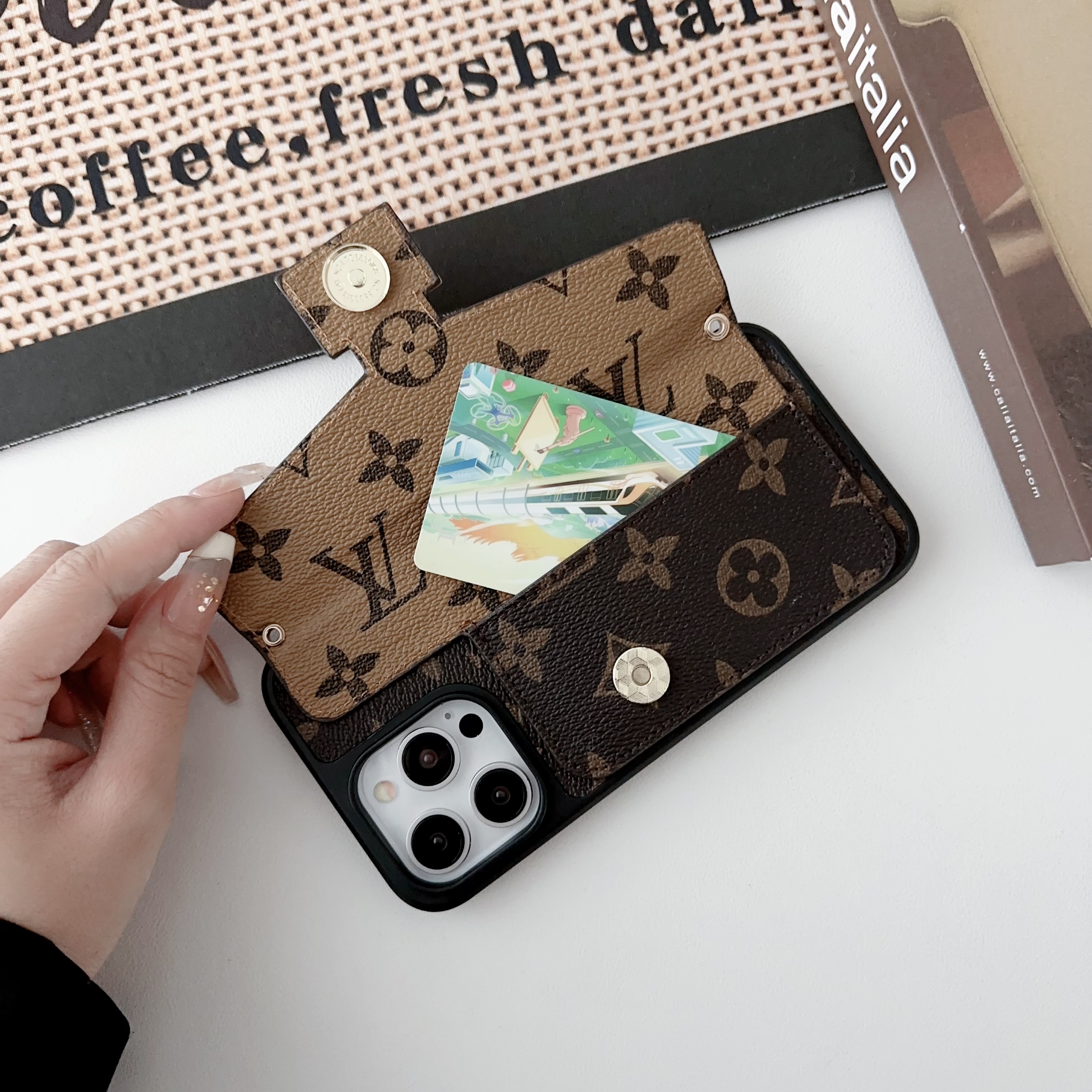 Monogram Leather iPhone Wallet Case Magnetic Flip Cover