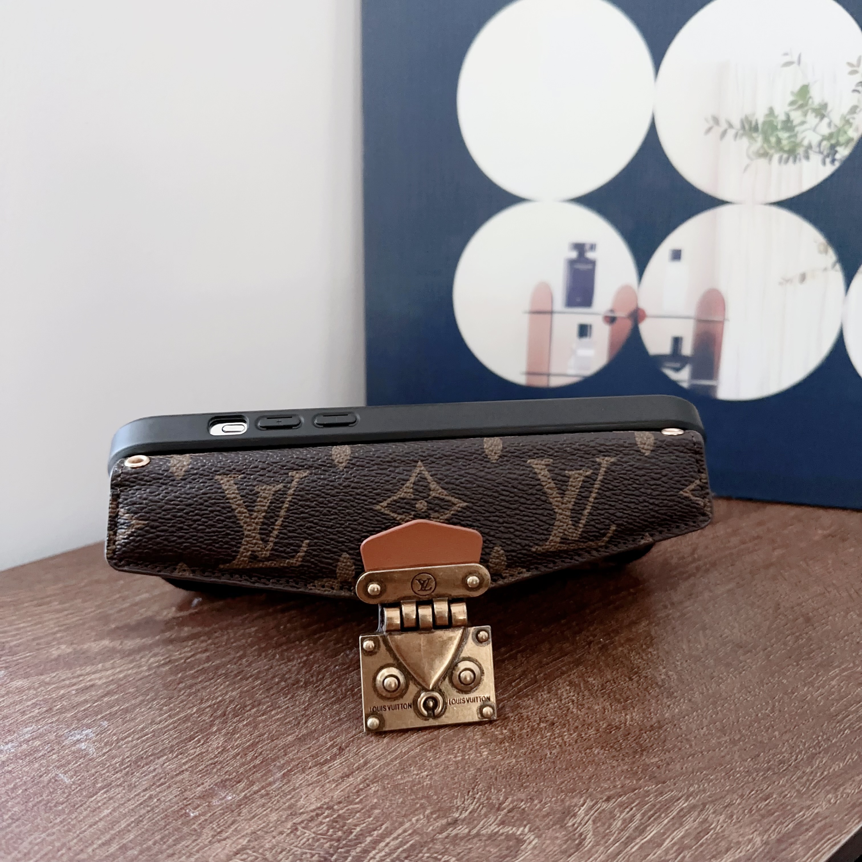 Monogram Leather iPhone Wallet Case Magnetic Flip Cover