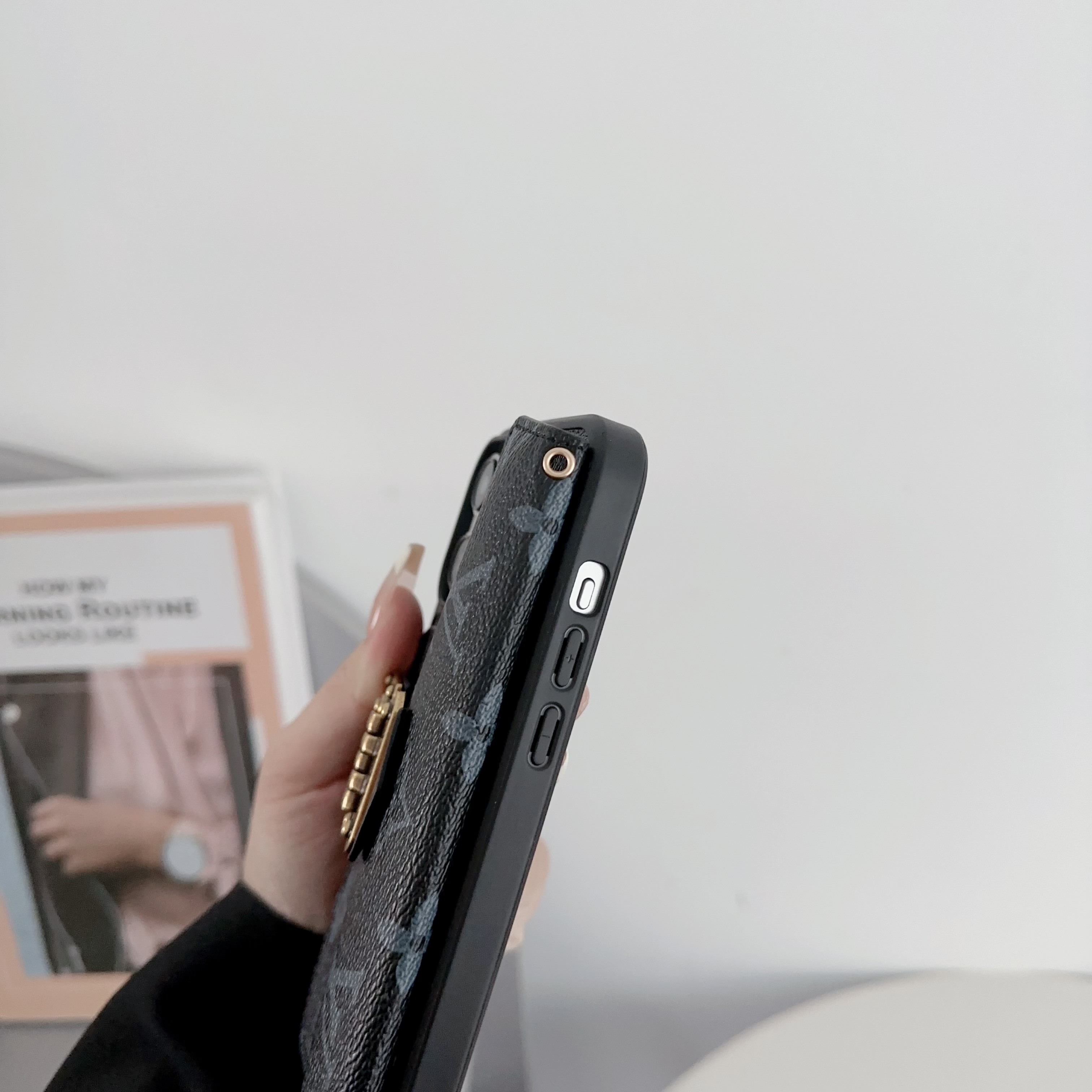 Monogram Leather iPhone Wallet Case Magnetic Flip Cover