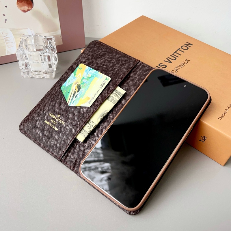 Monogram Leather iPhone Wallet Case Magnetic Flip Cover