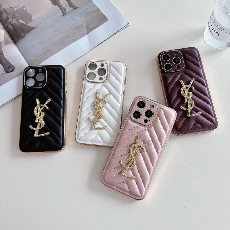YSL Luxury Leather iPhone Case Diamond Grid