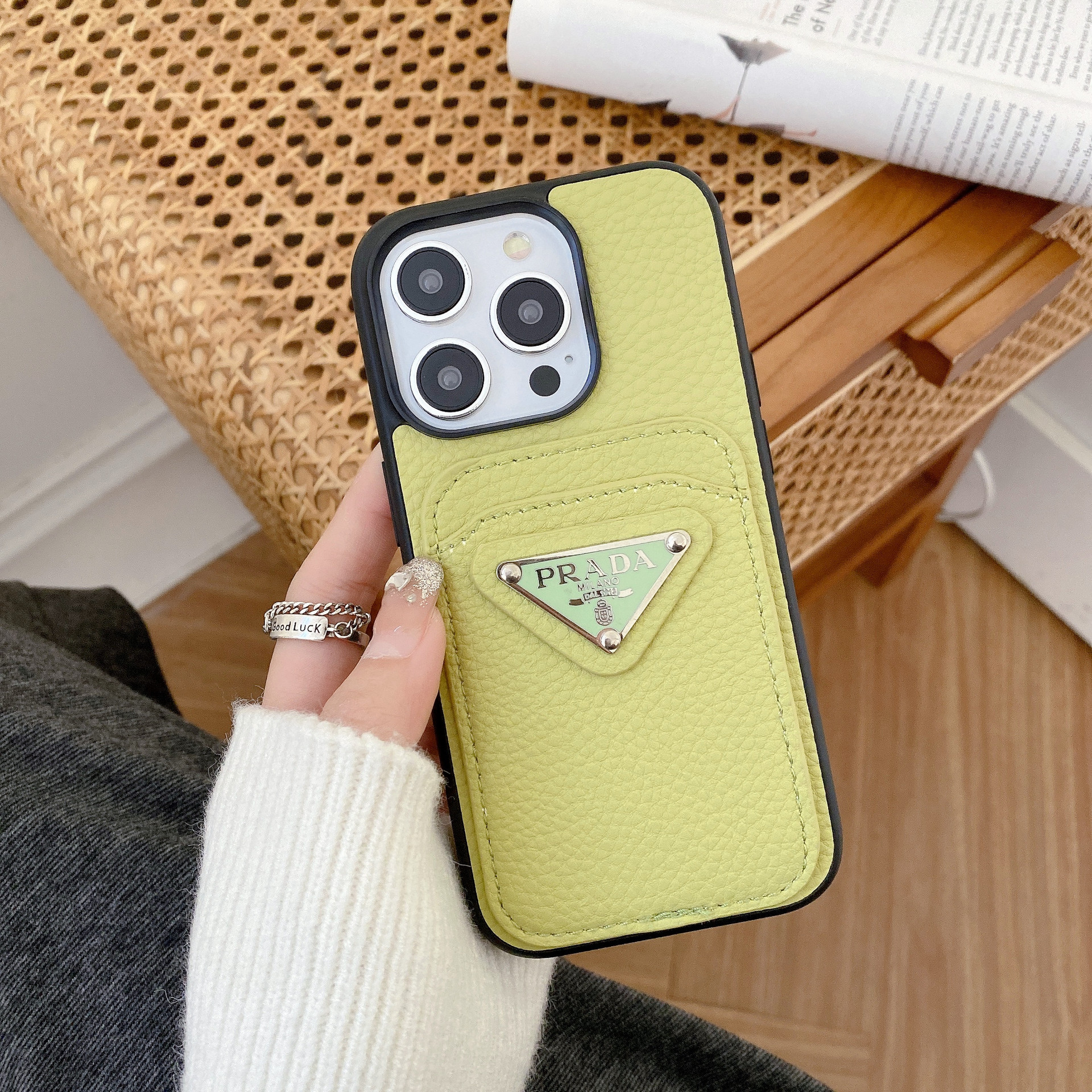 Leather Metal Triangle Label PR iphone Wallet Case