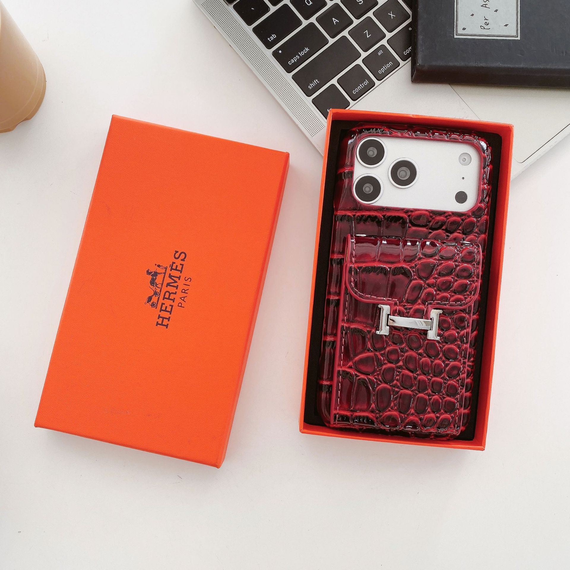 Hermès High-Gloss Crocodile Texture Leather iPhone Case