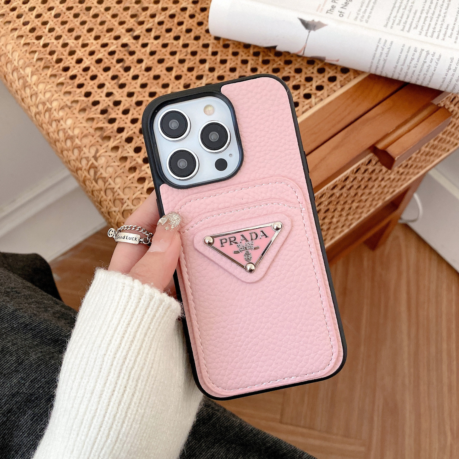Leather Metal Triangle Label PR iphone Wallet Case
