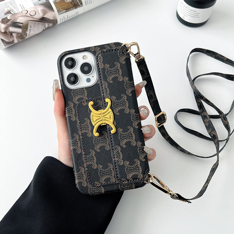 Luxurious Leather CL iPhone Wallet Case With Crossbody Strap
