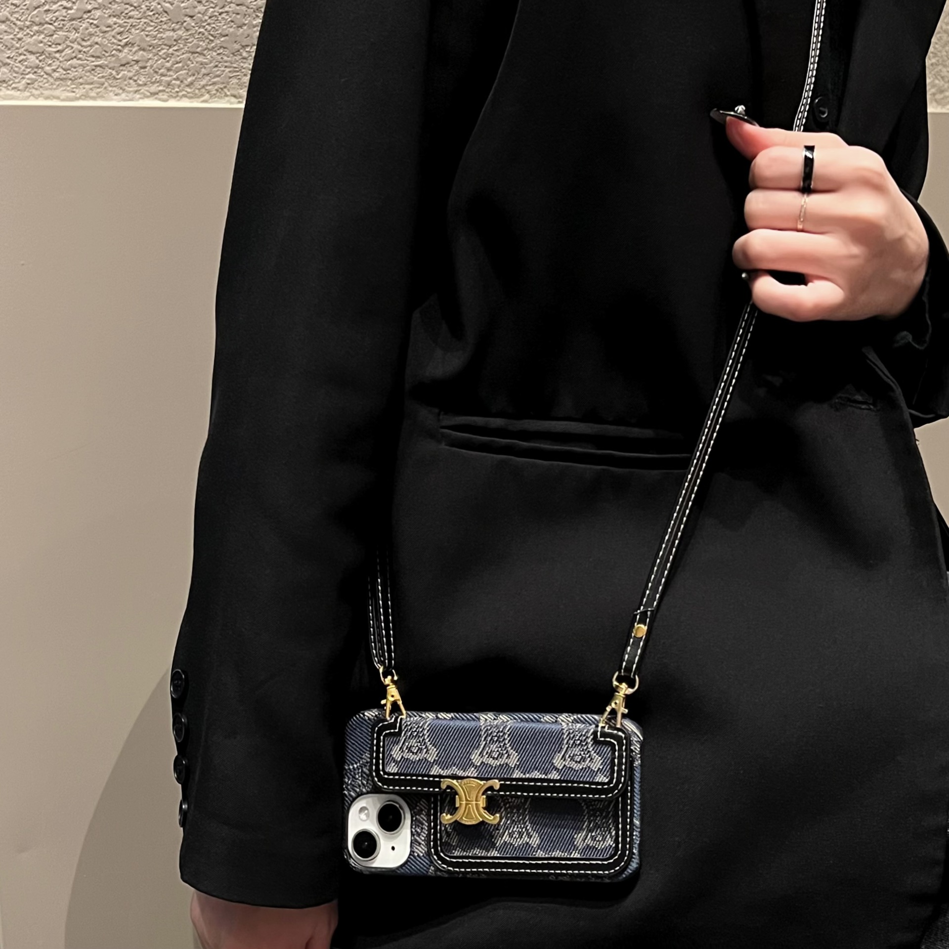 Luxurious Leather CL iPhone Wallet Case With Crossbody Strap