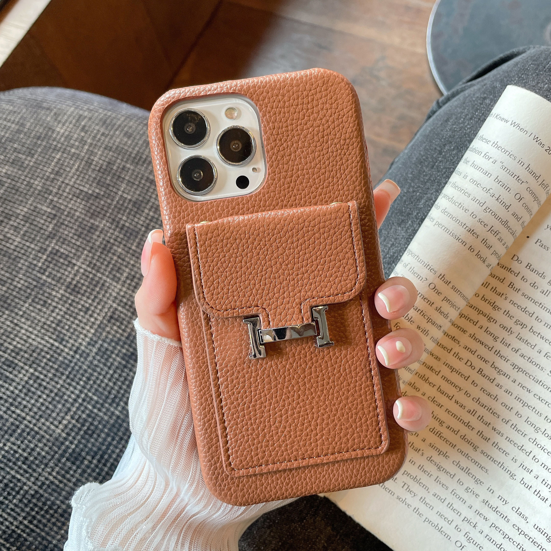 Leather iPhone Wallet Case-Litchi Pattern