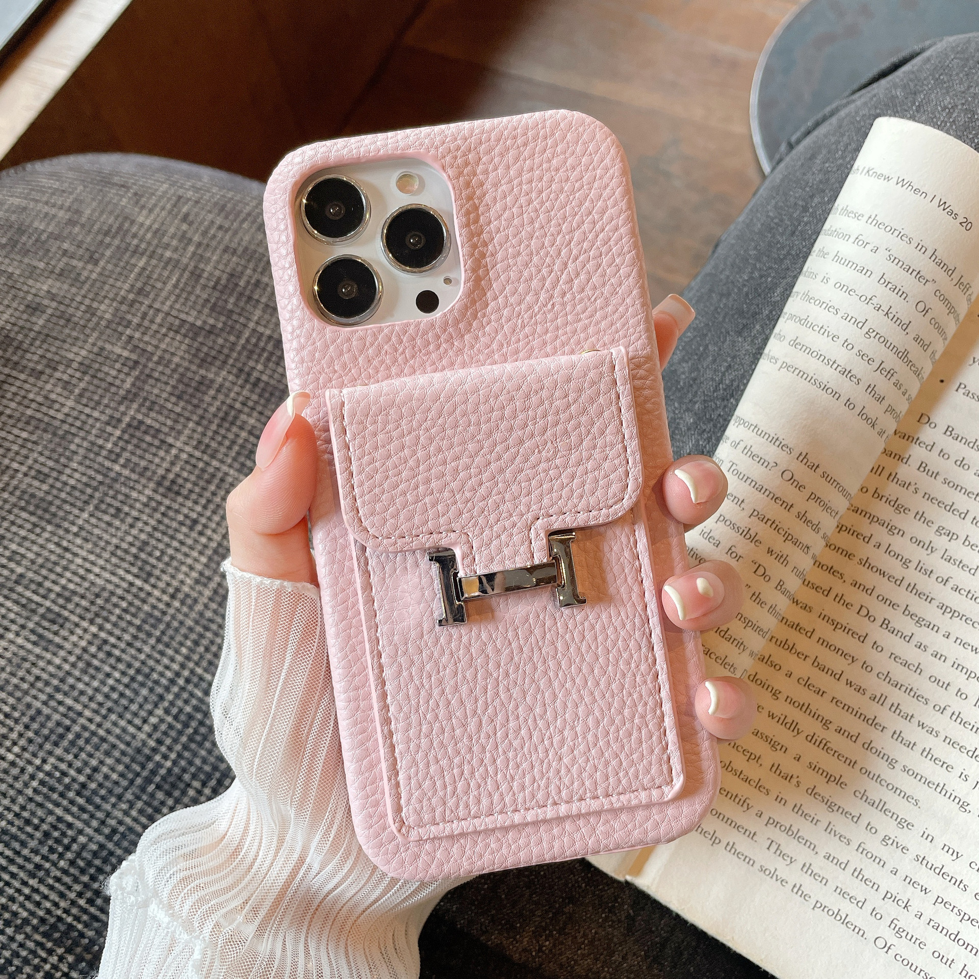 Leather iPhone Wallet Case-Litchi Pattern