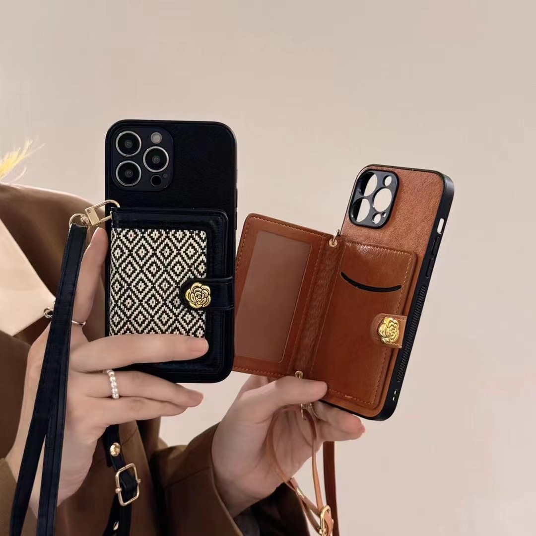 Camellia Luxury Leather CC iPhone Wallet Case With Crossbody Strap