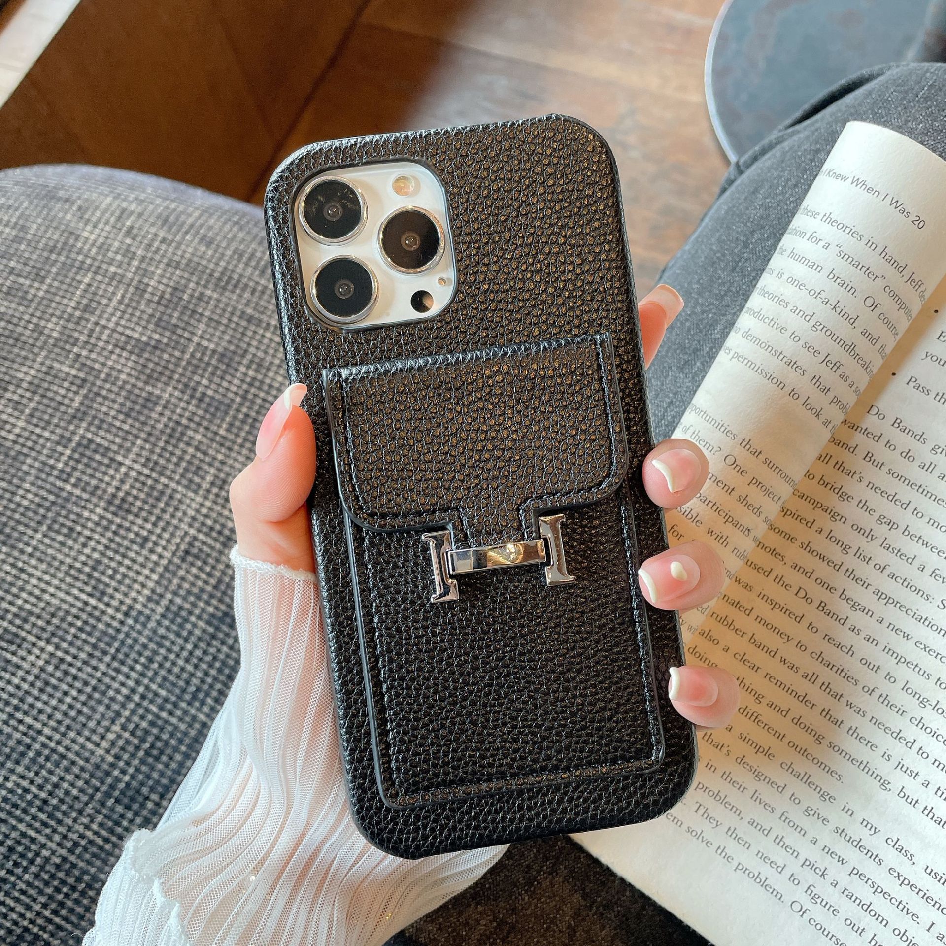 Leather iPhone Wallet Case-Litchi Pattern