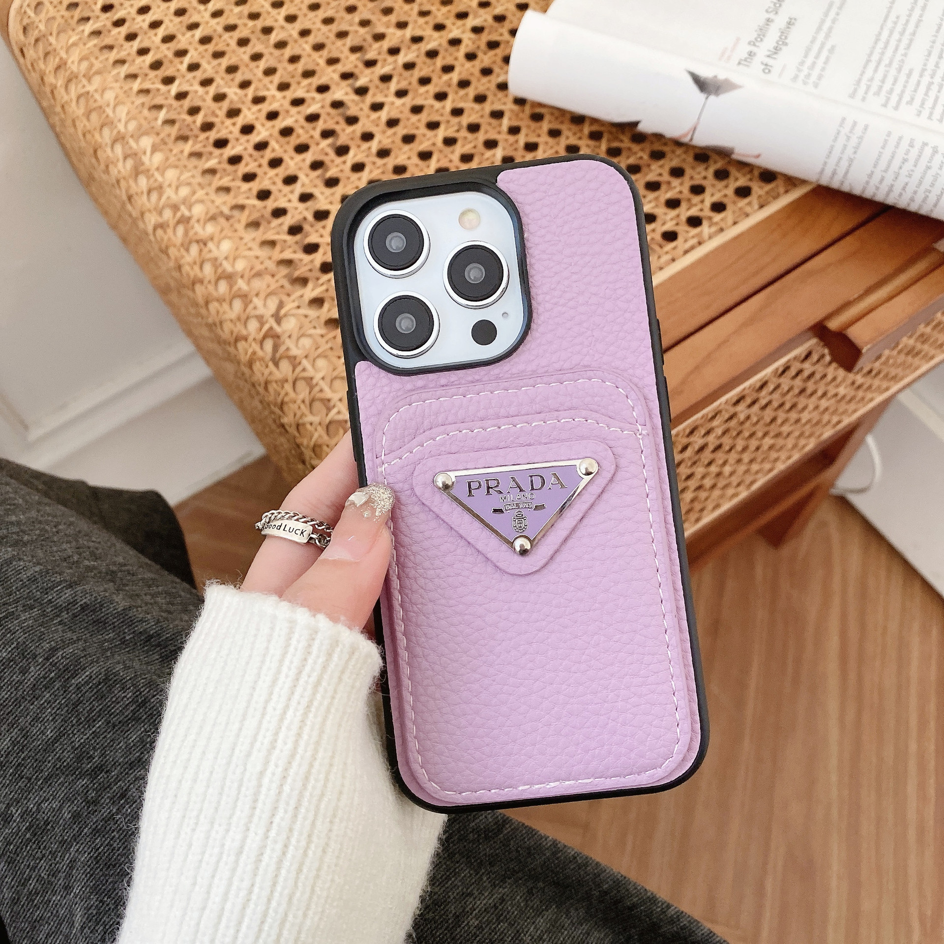 Leather Metal Triangle Label PR iphone Wallet Case
