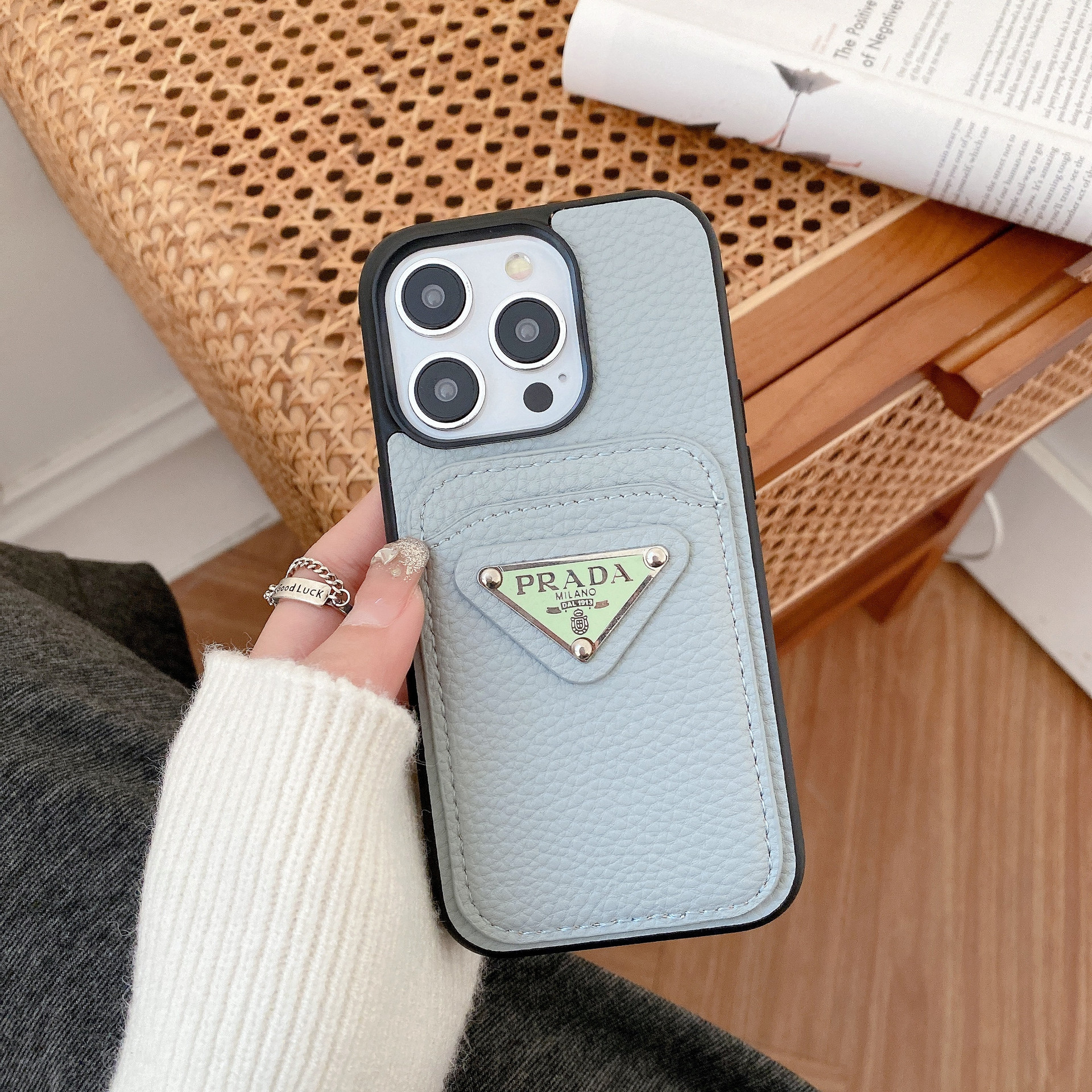 Leather Metal Triangle Label PR iphone Wallet Case