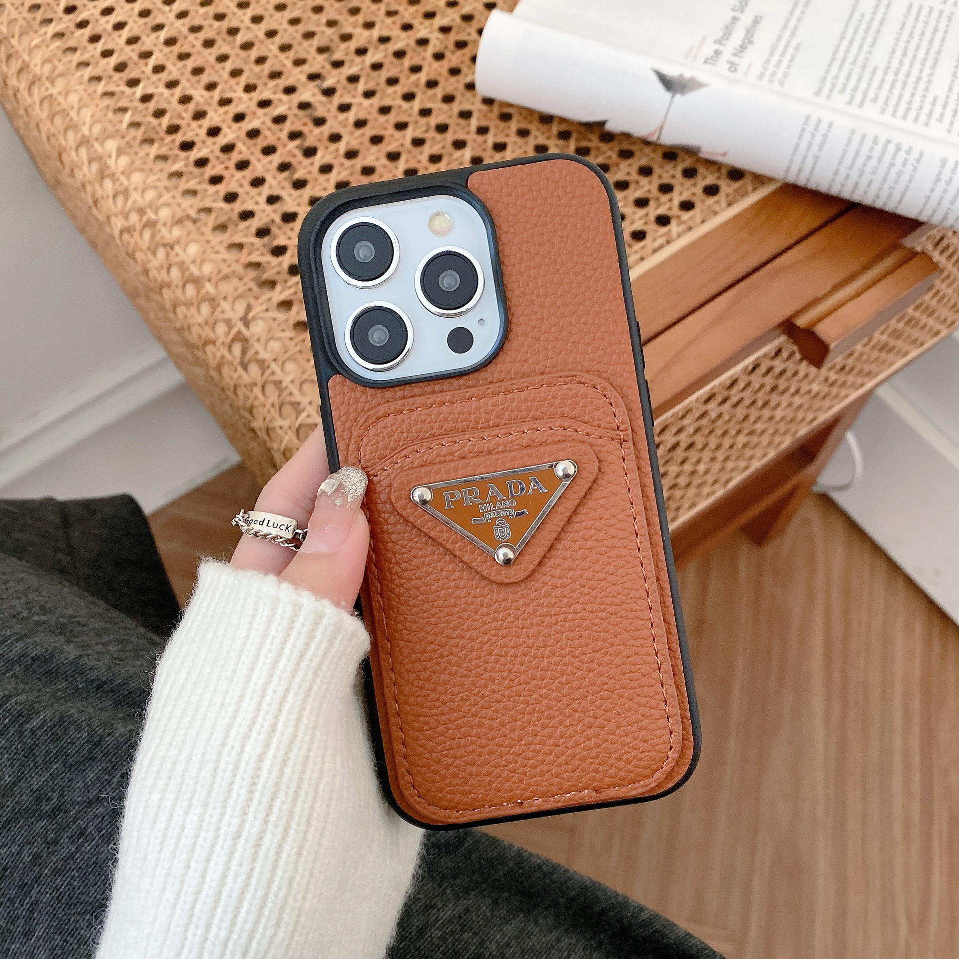 Leather Metal Triangle Label PR iphone Wallet Case