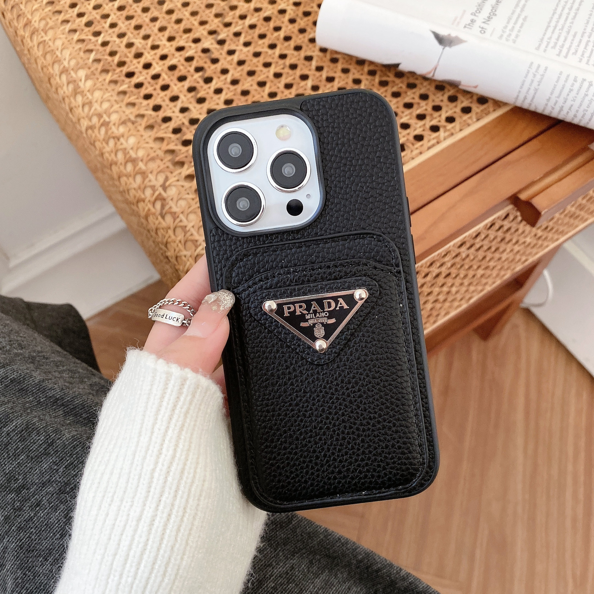 Leather Metal Triangle Label PR iphone Wallet Case