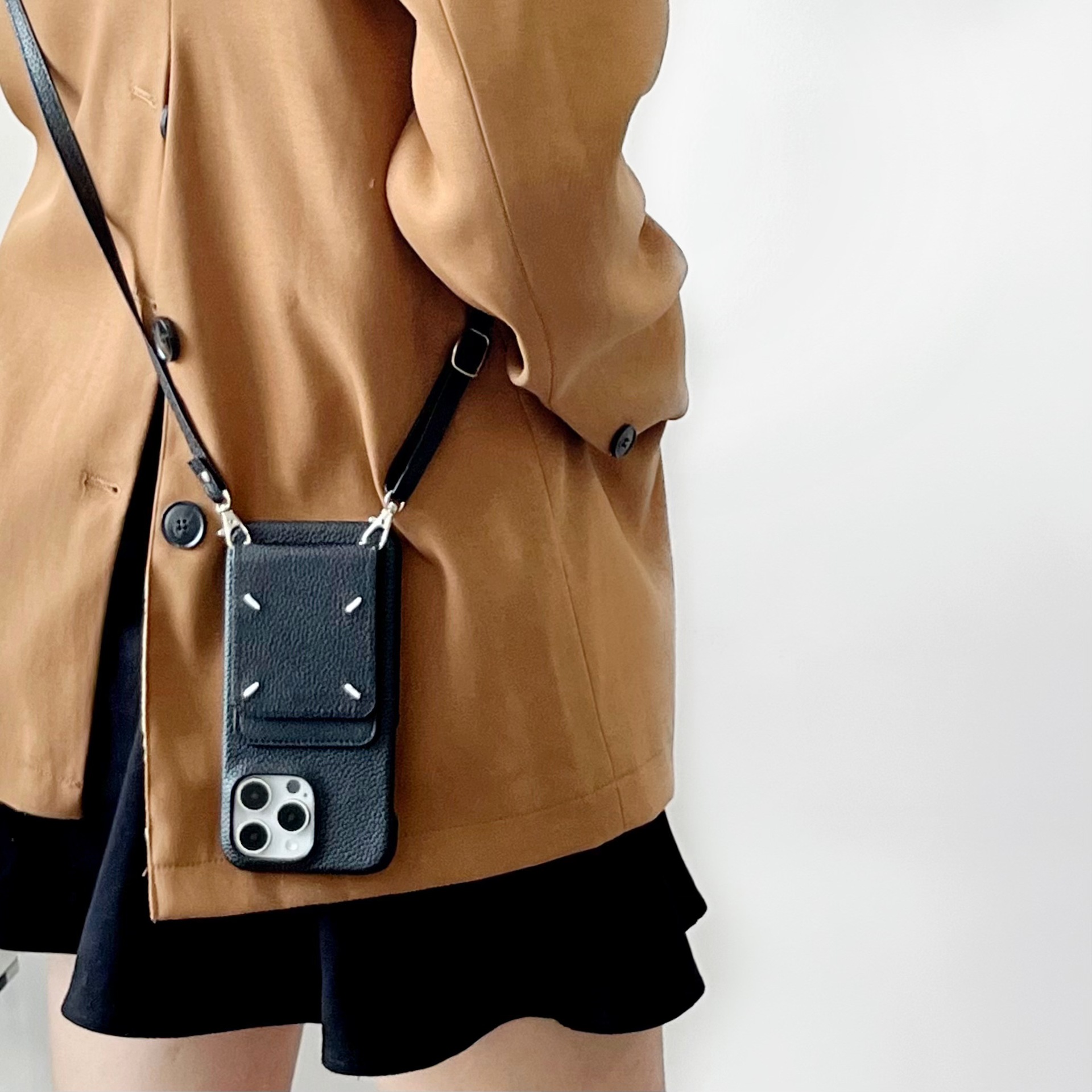 Blcak Luxury Leather M iPhone Wallet Case With Crossbody Strap
