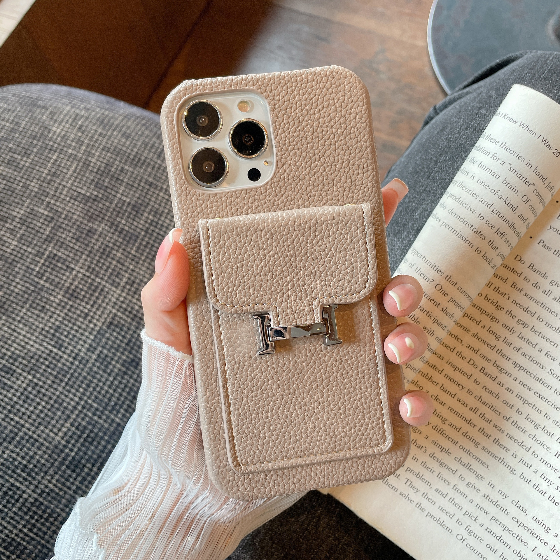 Leather iPhone Wallet Case-Litchi Pattern
