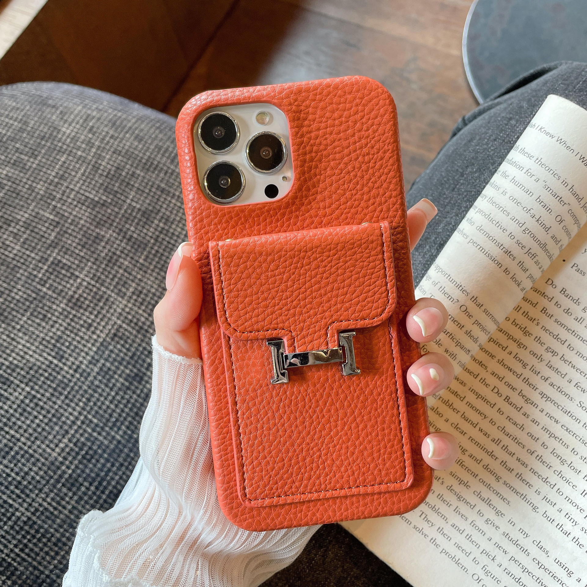 Leather iPhone Wallet Case-Litchi Pattern
